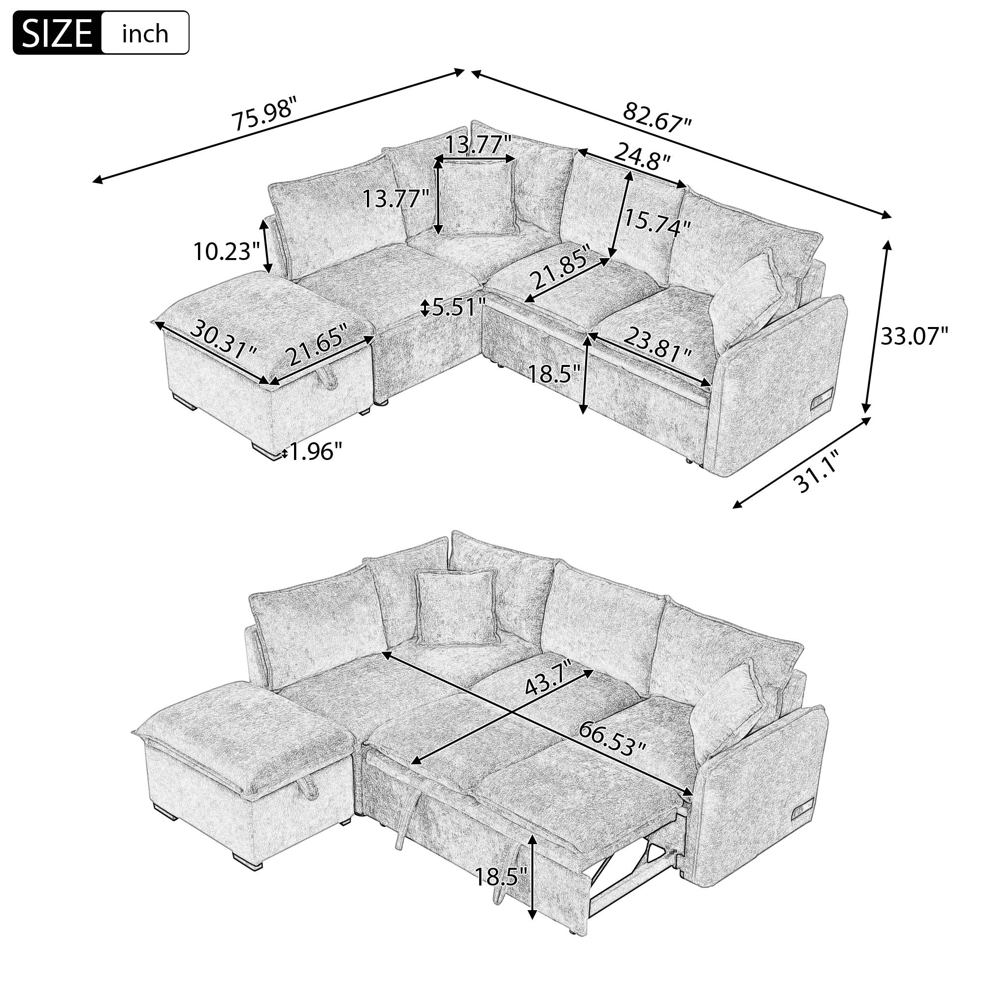 Convertible Sofa Bed Sectional Sofa Sleeper L-Shaped Sofa With A Storage Ottoman, Two Pillows, Two Power Sockets And Two USB Ports For Living Room - Image 7