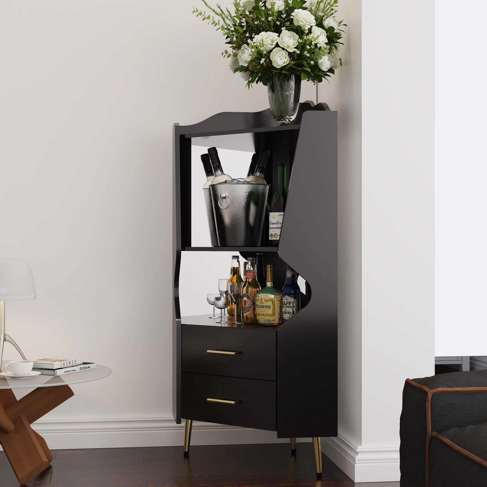 Corner Bar Cabinet With Mirrored Back, 2 Open Shelves & 2 Drawers, High Legs For Easy Cleaning - Image 14