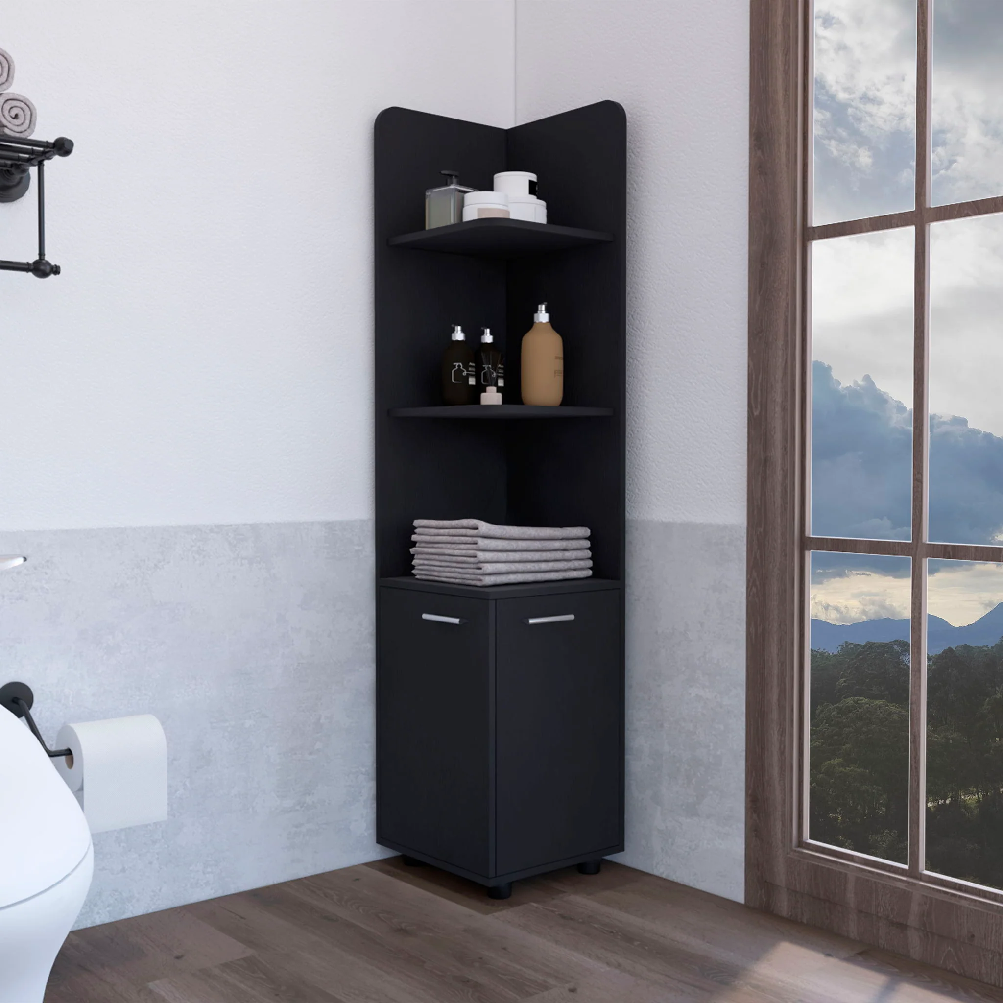 Corner Cabinet Tall With 3 Tier Shelf And 2 Door - Black - Image 6