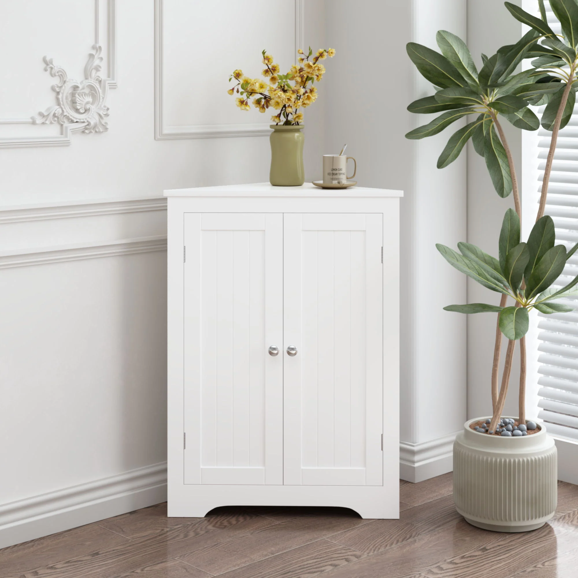 Corner Cabinet With 2 Doors And Adjustable Shelves, Freestanding Narrow Storage Organizer For Bathroom - White - Image 5