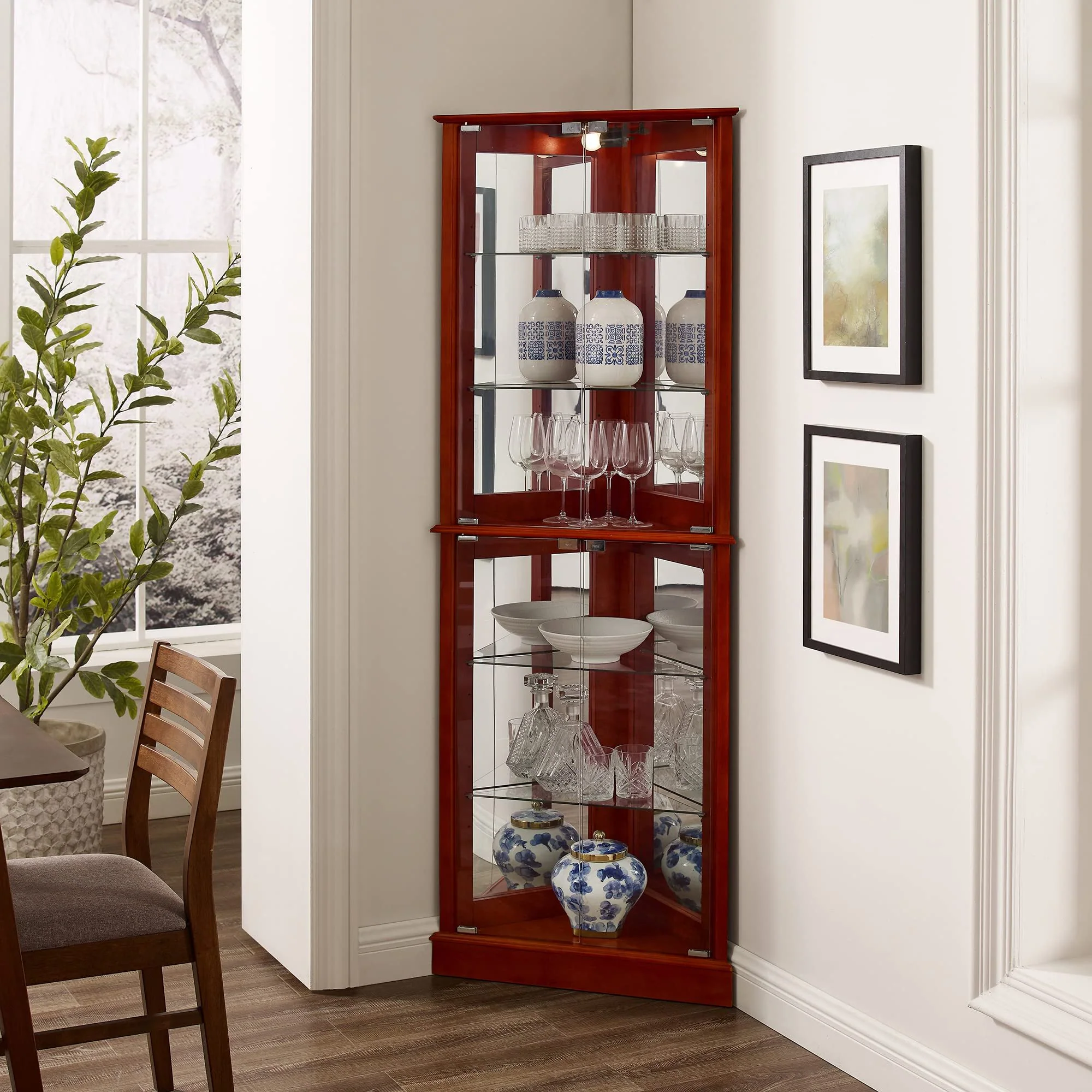 Corner Curio Dispaly Cabinet With Lights, Adjustable Tempered Glass Shelves, Mirrored Back (E26 Light Bulb Not Included) - Image 13