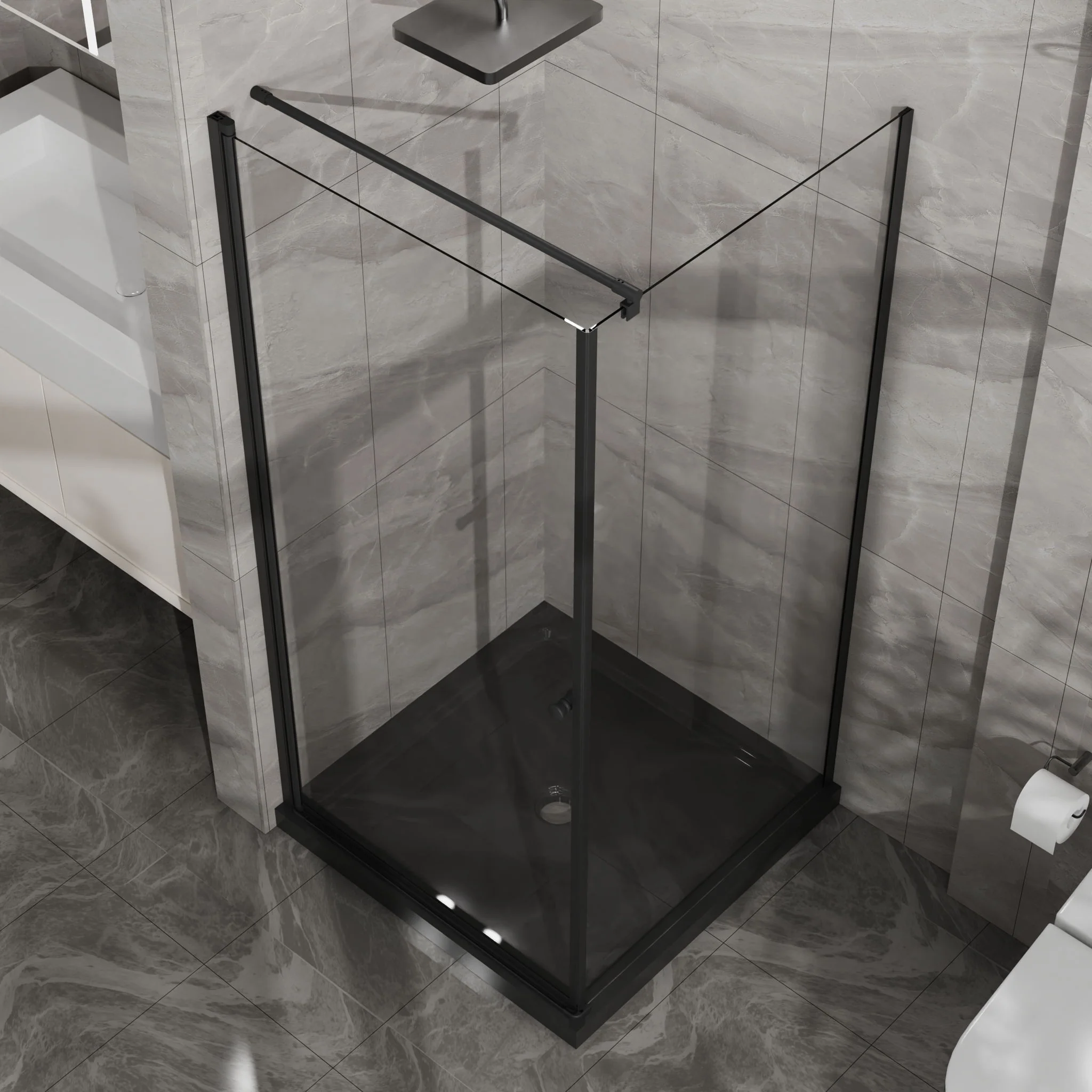 Corner Shower Enclosure, Frameless Pivot Door - Black - Image 3