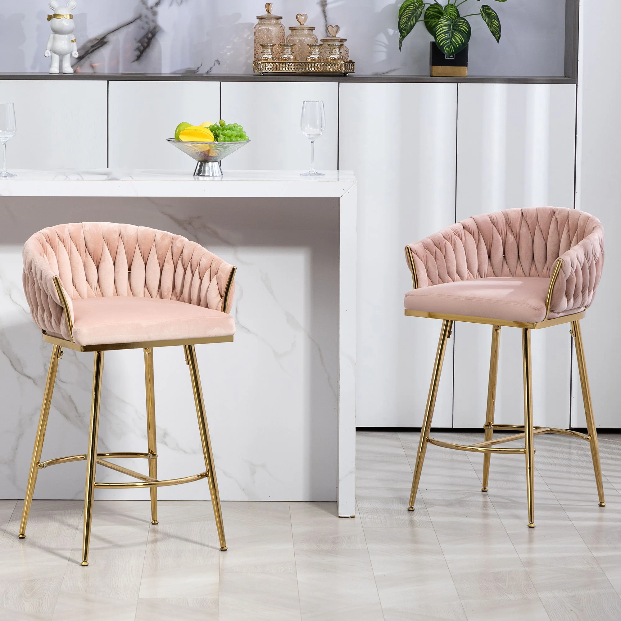 Counter Height Bar Stools Kitchen Island Counter Bar Stool With Hand - Wave Back, Golden Chromed Base And Footrest (Set of 2) - Pink - Image 3