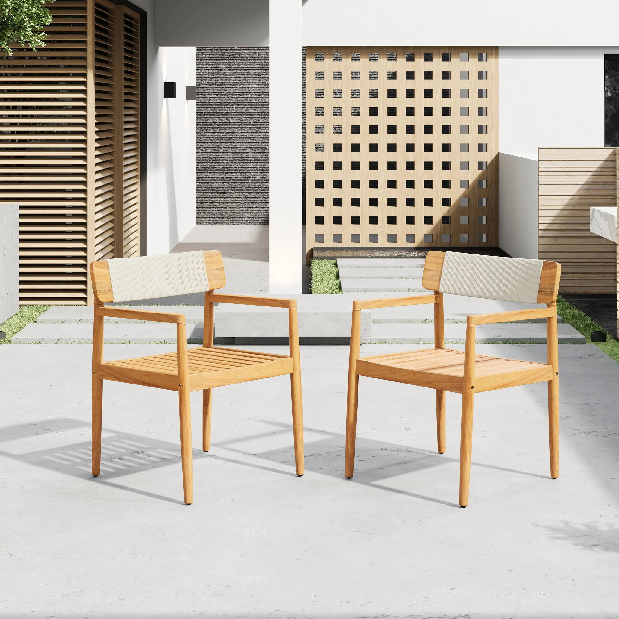 Creative Braided Acacia Wood Outdoor Dining Table And Chairs With Armrests (Set of 2) - Teak / White - Image 2