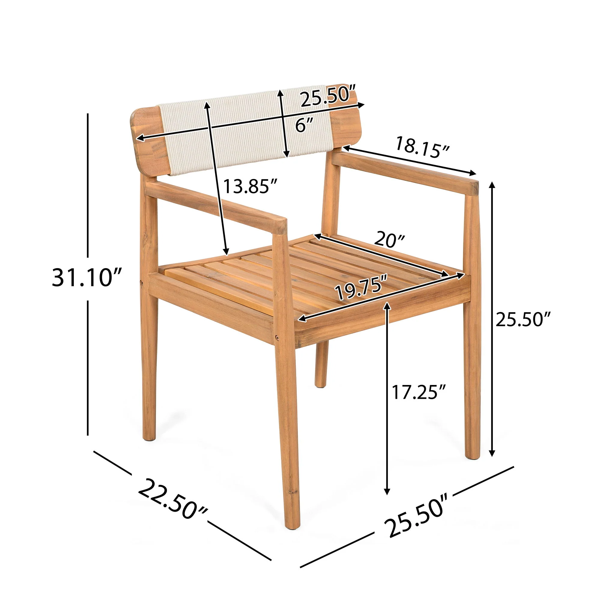 Creative Braided Acacia Wood Outdoor Dining Table And Chairs With Armrests (Set of 2) - Teak / White - Image 4