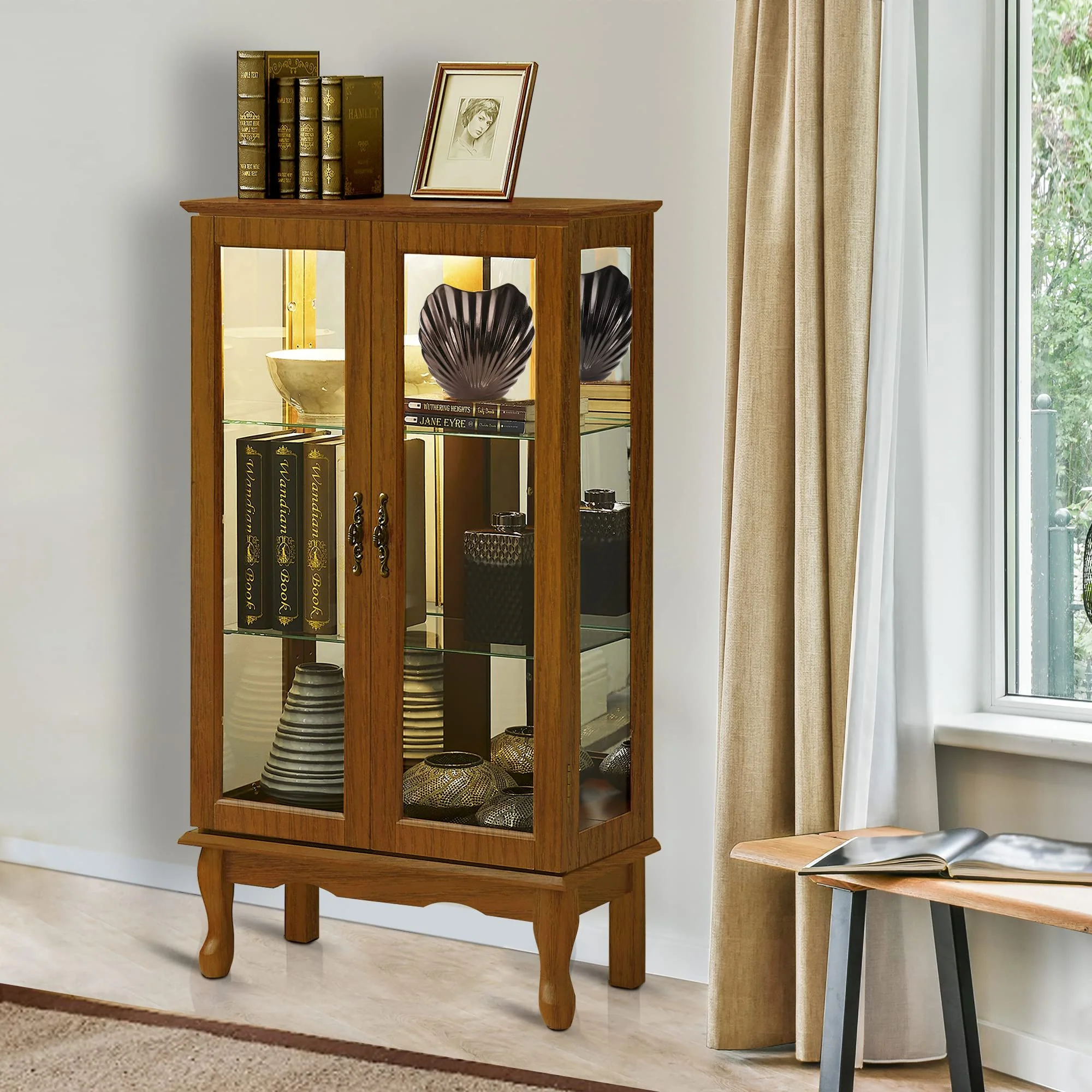 Curio Cabinet Lighted Curio Diapaly Cabinet With Adjustable Shelves And Mirrored Back Panel, Tempered Glass Doors (3 Tier), (E26 Light Bulb Not Included) - Image 16
