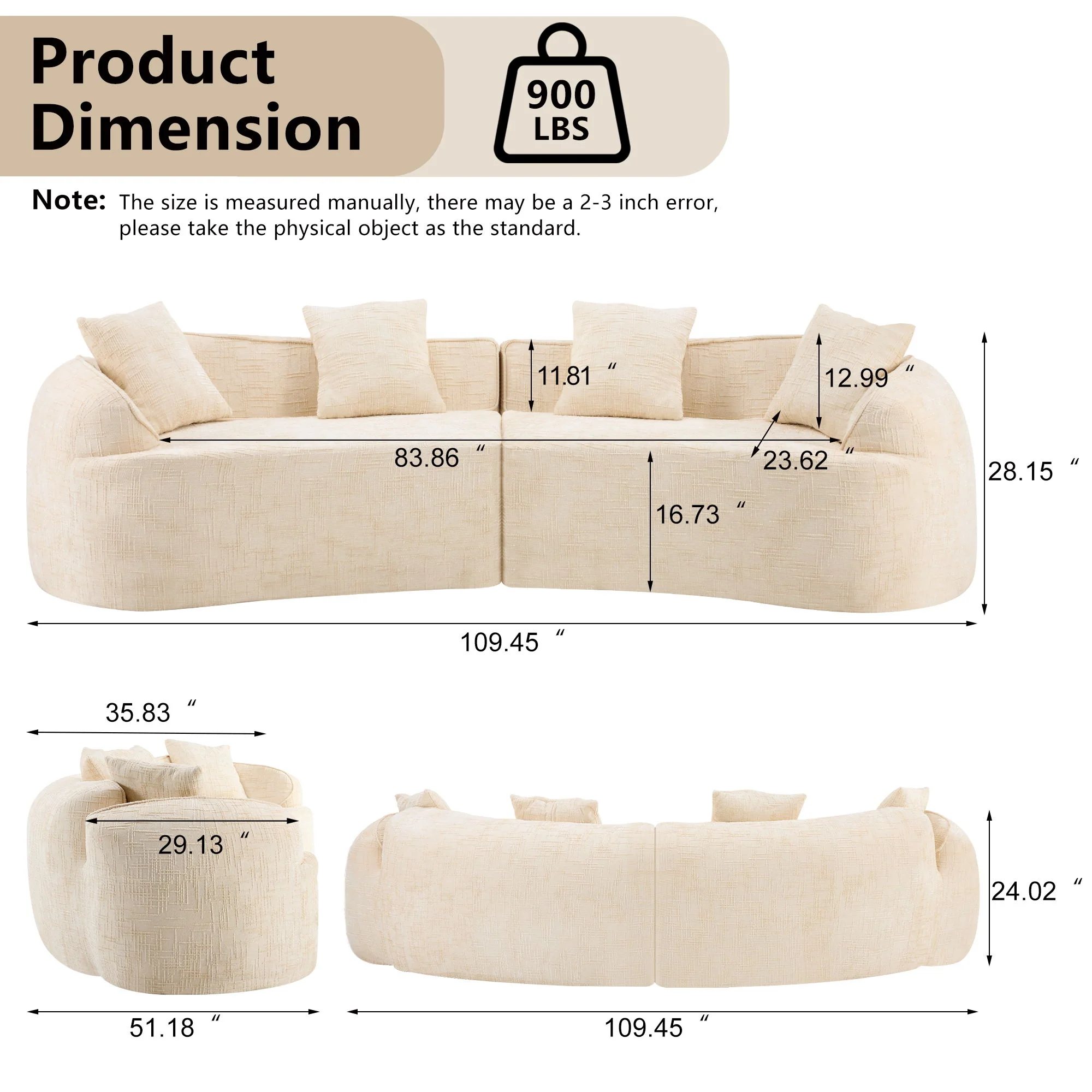 Curved Compressed Sofa, Nordic-Style Design For Living Room - Image 25