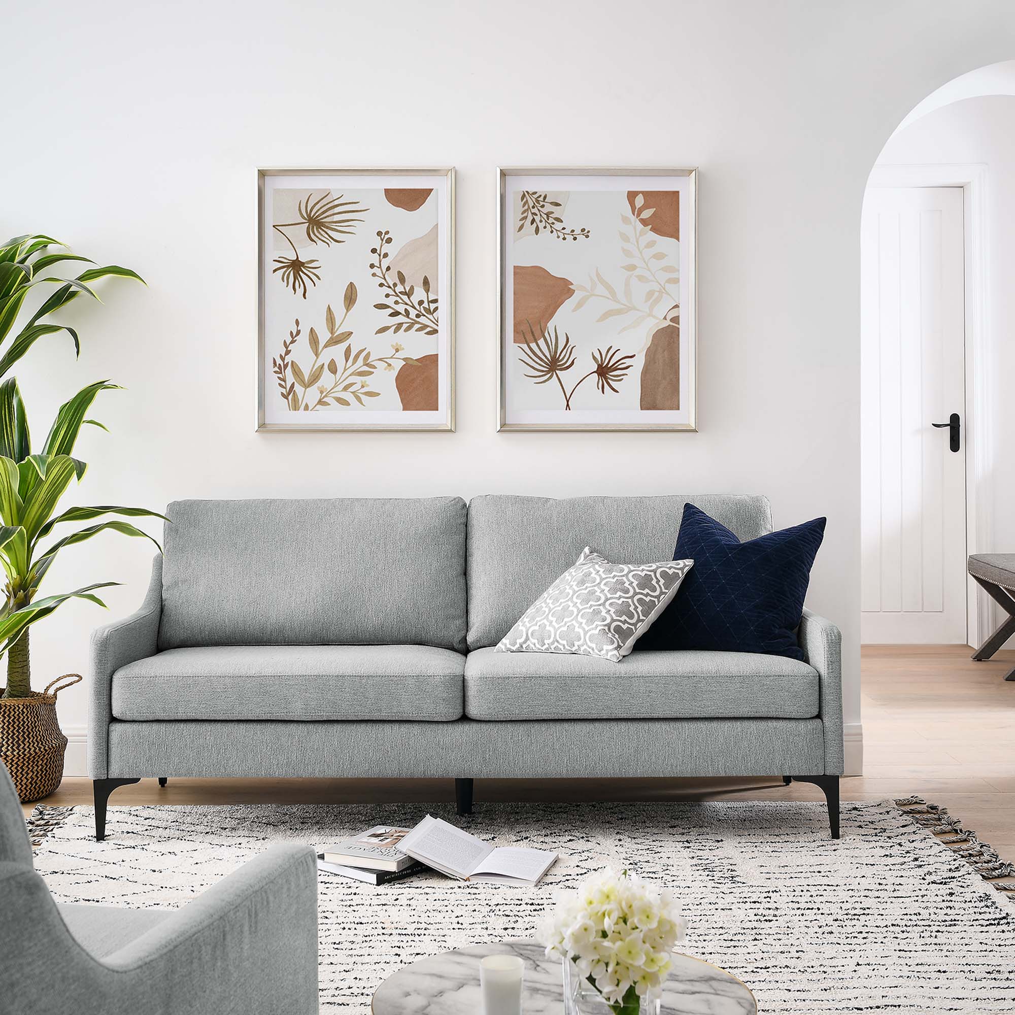 Curved Profile Fabric Sofa with Sloped Arms and Metal Legs in Light Gray - Image 6