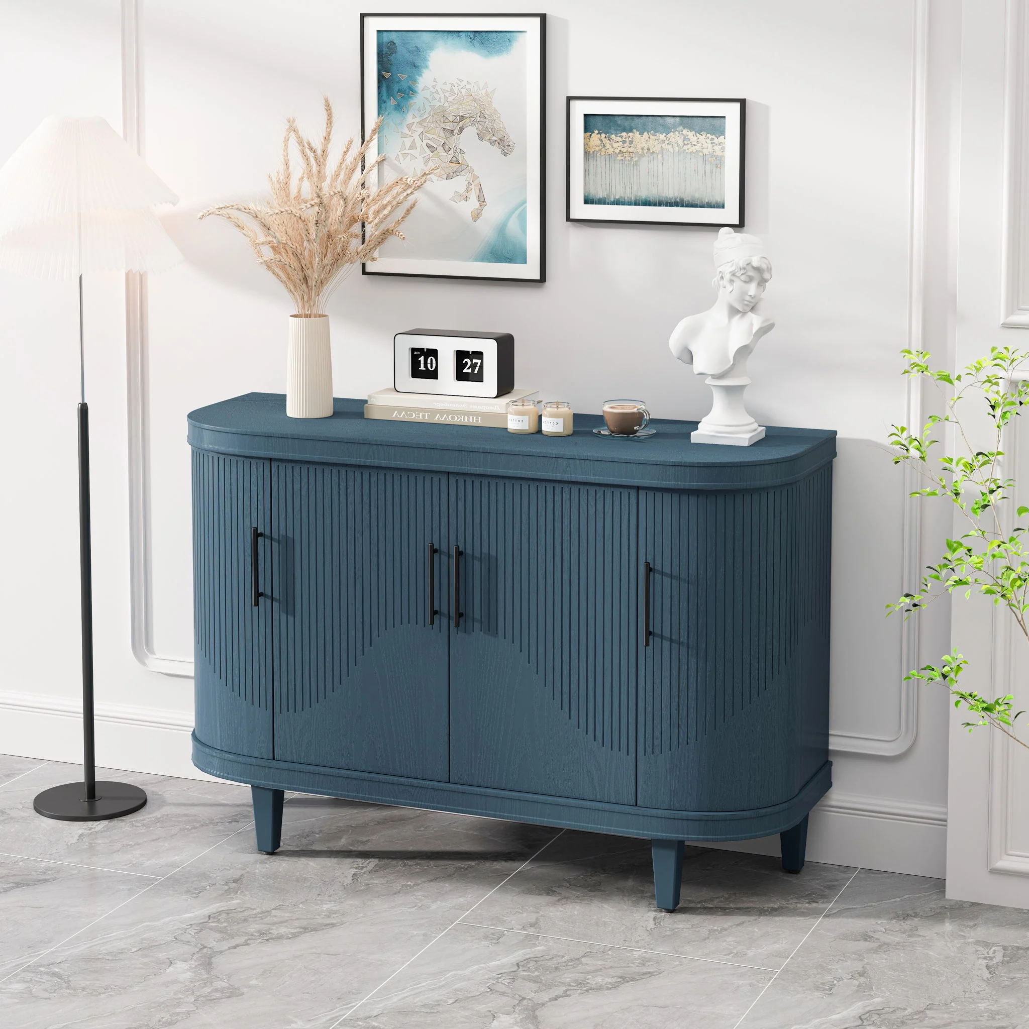 Curved Sideboard Console Cabinet with 4 Doors and Storage Shelves 47x32in Blue - Image 9