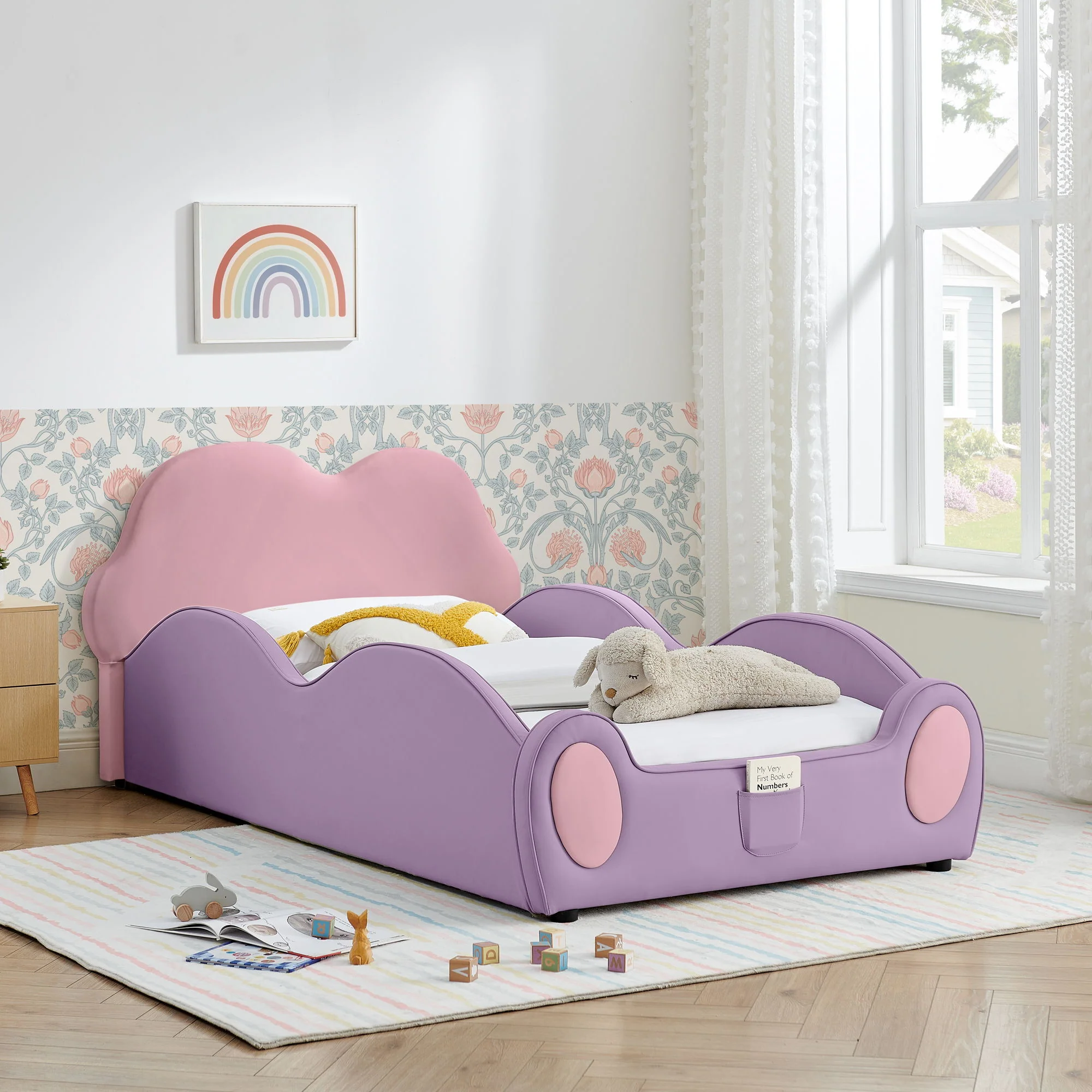 Cute Cloud Shape Bed With Guardrails Cartoon Design, Storage Pocket - Image 16