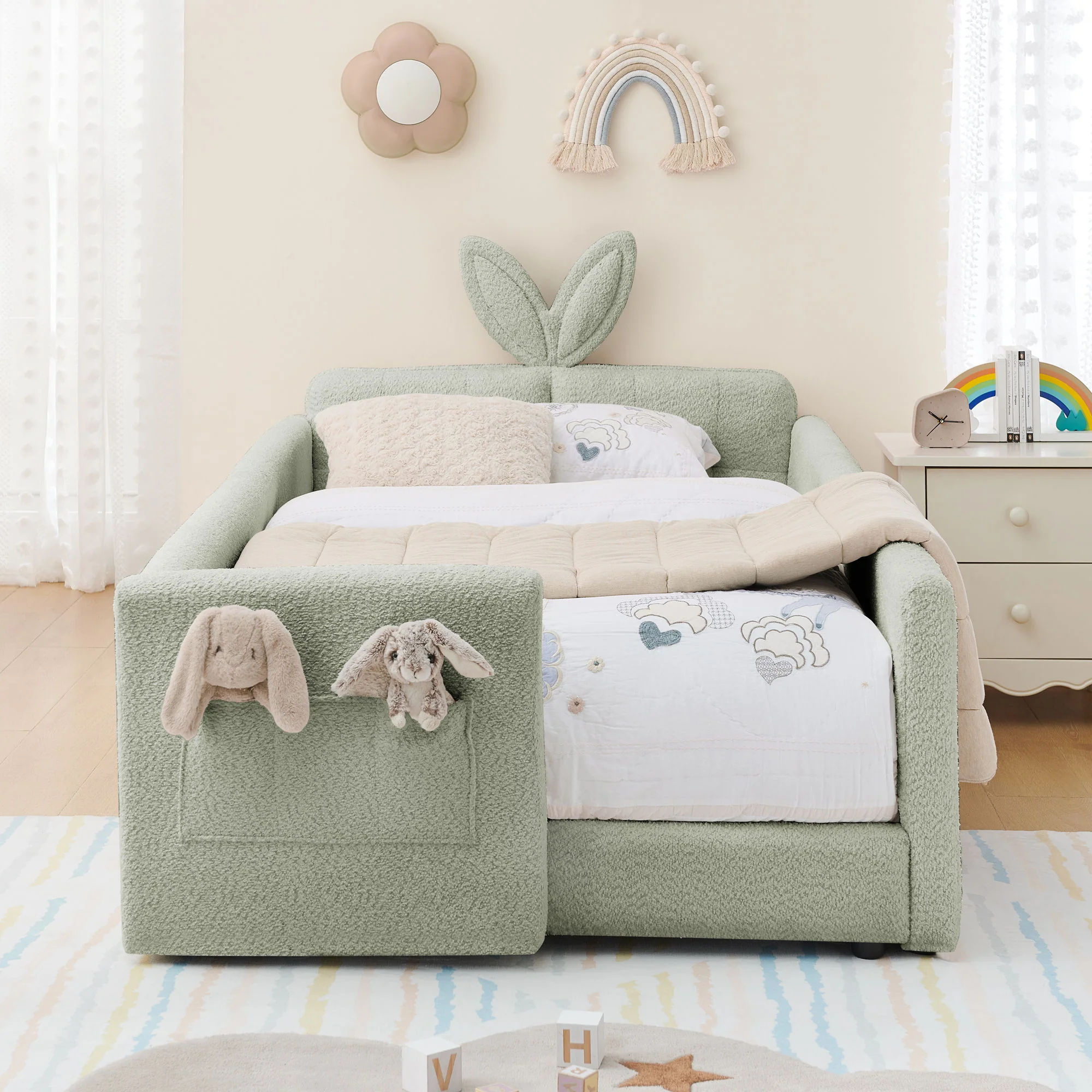 Cute Rabbit Ear Upholstered Platform Bed Frame With Safety Rail - Image 29