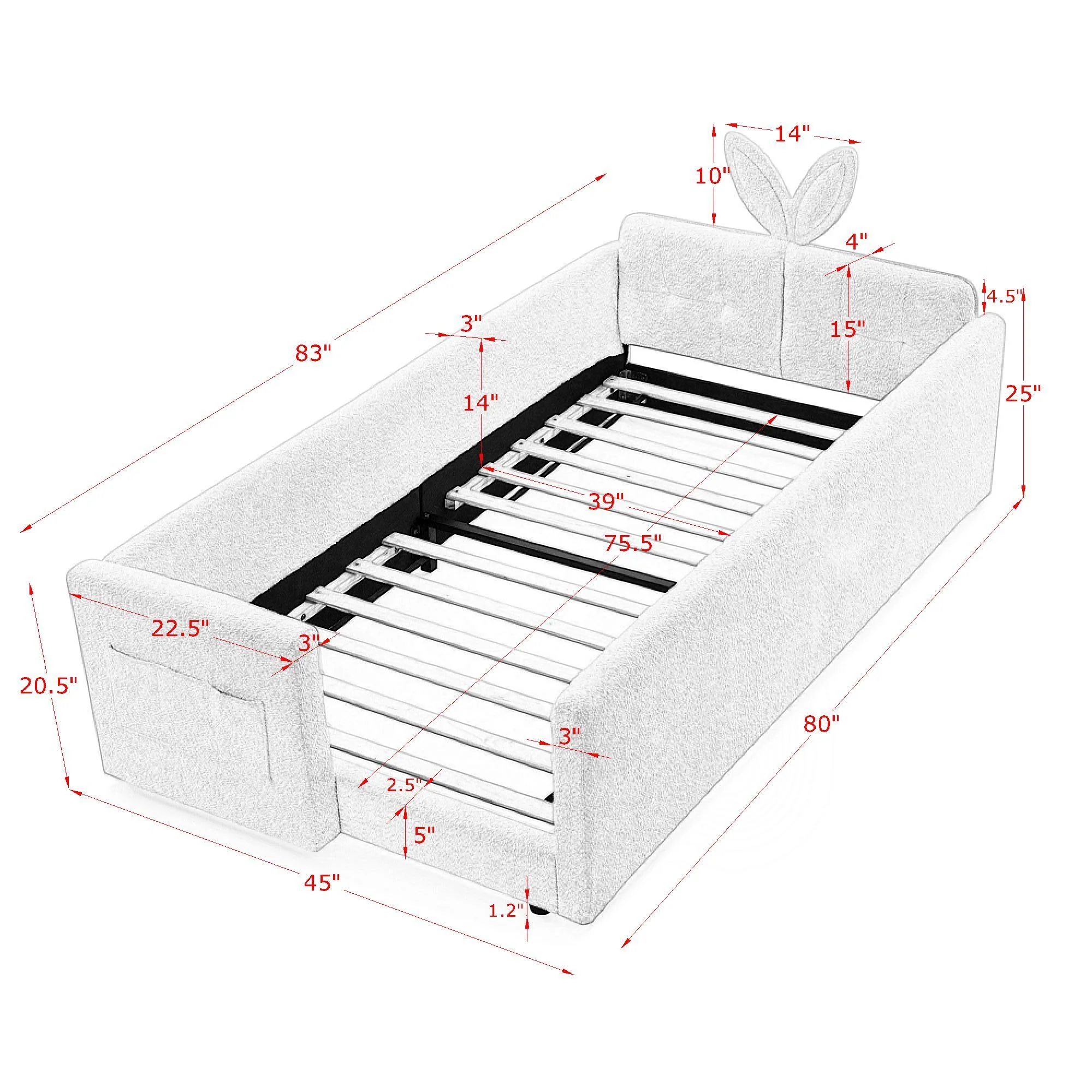 Cute Rabbit Ear Upholstered Platform Bed Frame With Safety Rail - Image 31