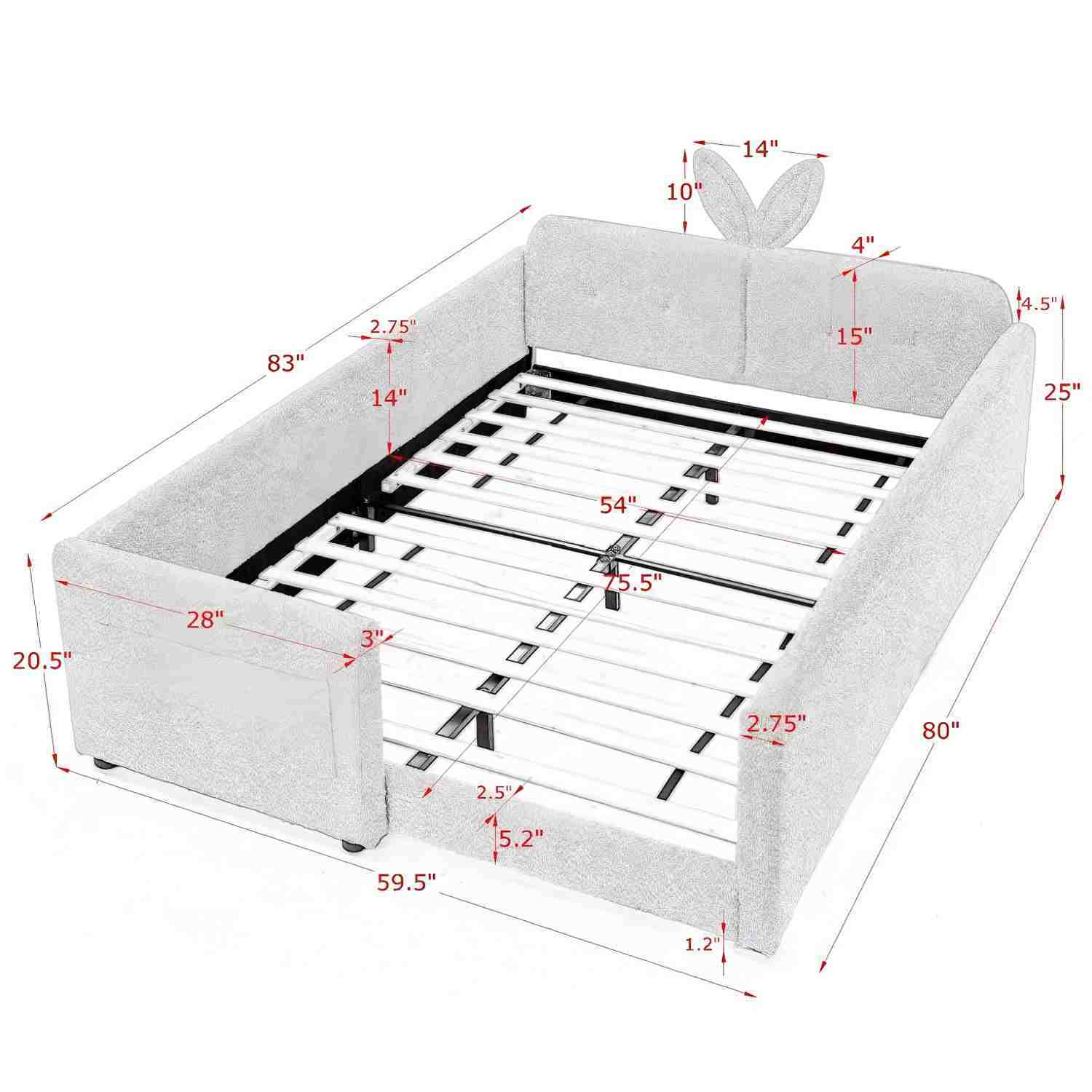 Cute Rabbit Ear Upholstered Platform Bed Frame With Safety Rail - Image 36