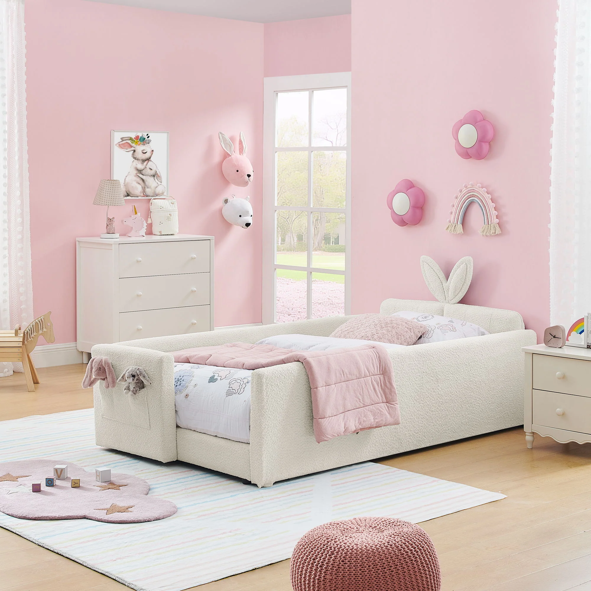Cute Rabbit Ear Upholstered Platform Bed Frame With Safety Rail - Image 42