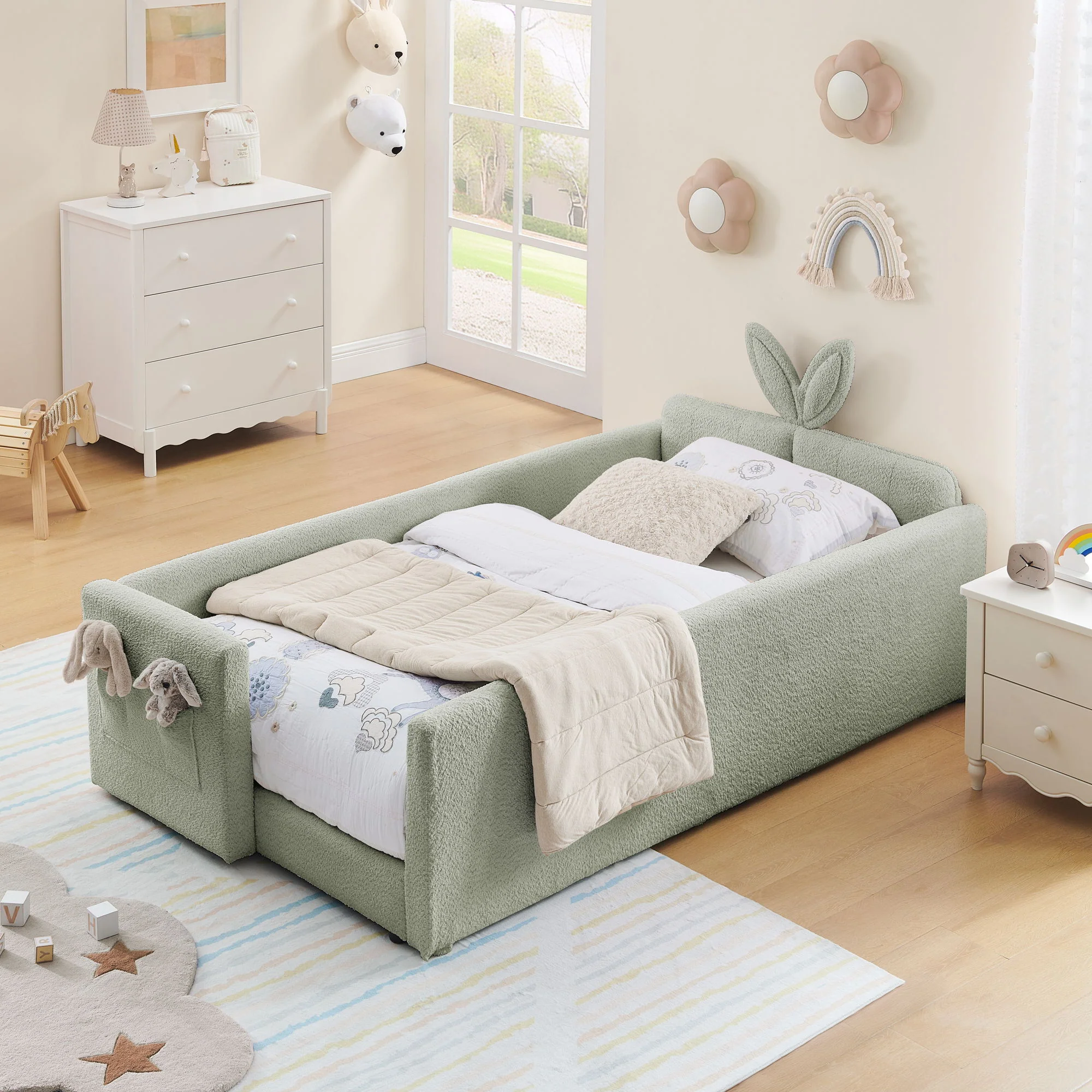 Cute Rabbit Ear Upholstered Platform Bed Frame With Safety Rail - Image 56