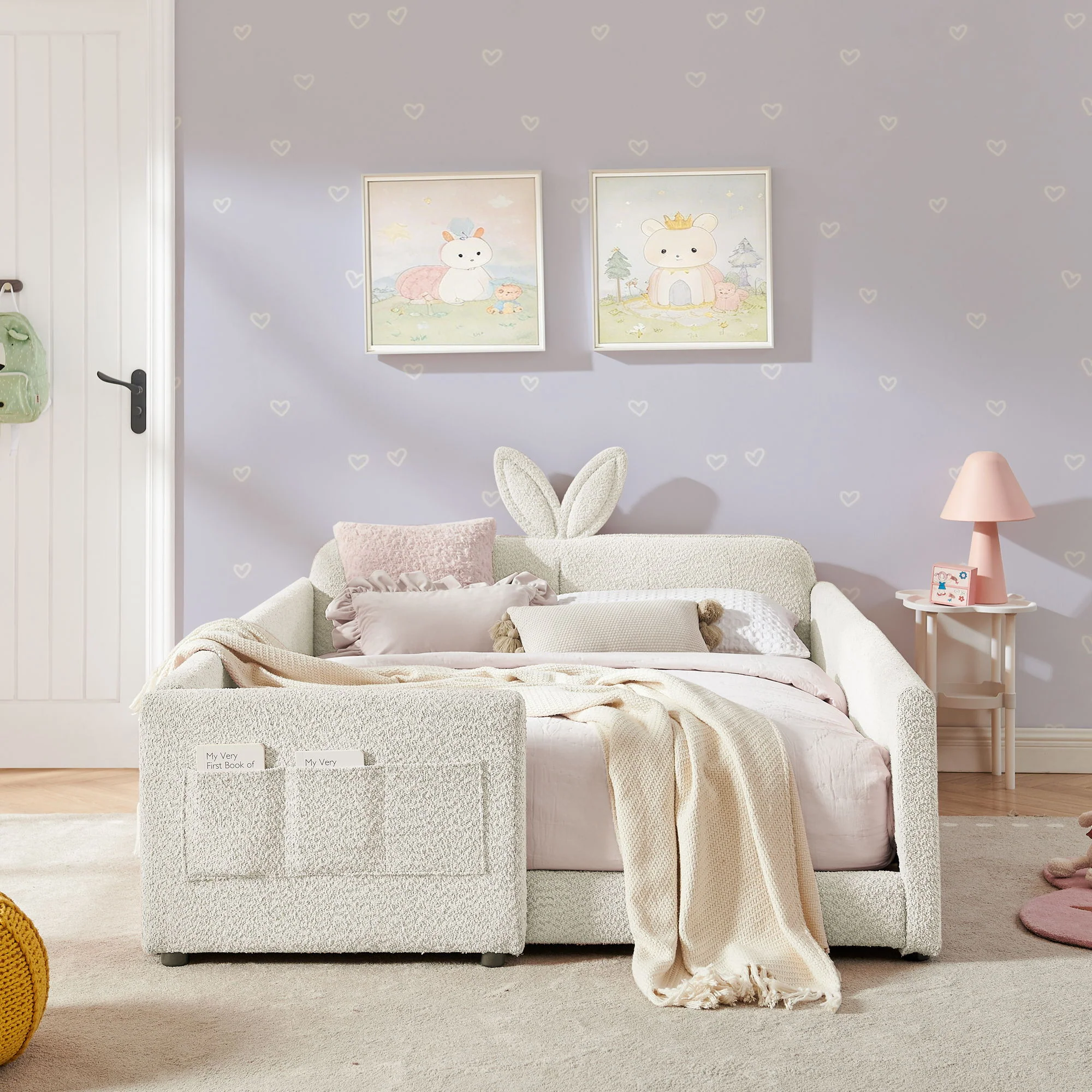 Cute Rabbit Ear Upholstered Platform Bed Frame With Safety Rail - Image 66