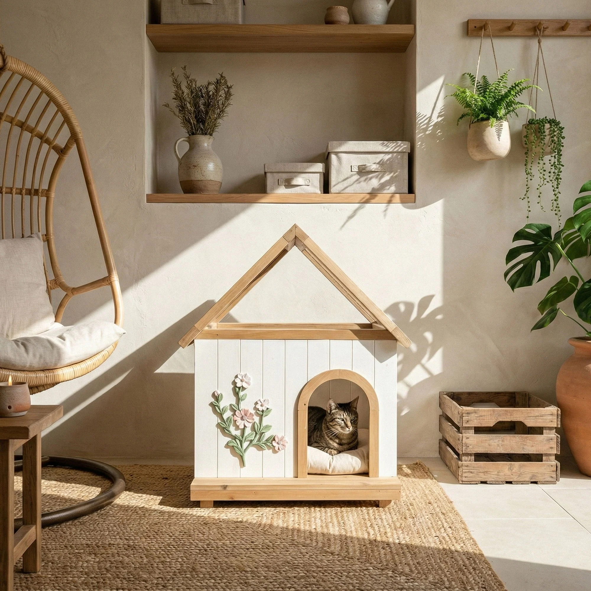 Daisy Cat House With Roof & Indoor Outdoor Pet Shelter For Cats & Small Dogs (11–25 Lbs) - White / Wood - Image 3