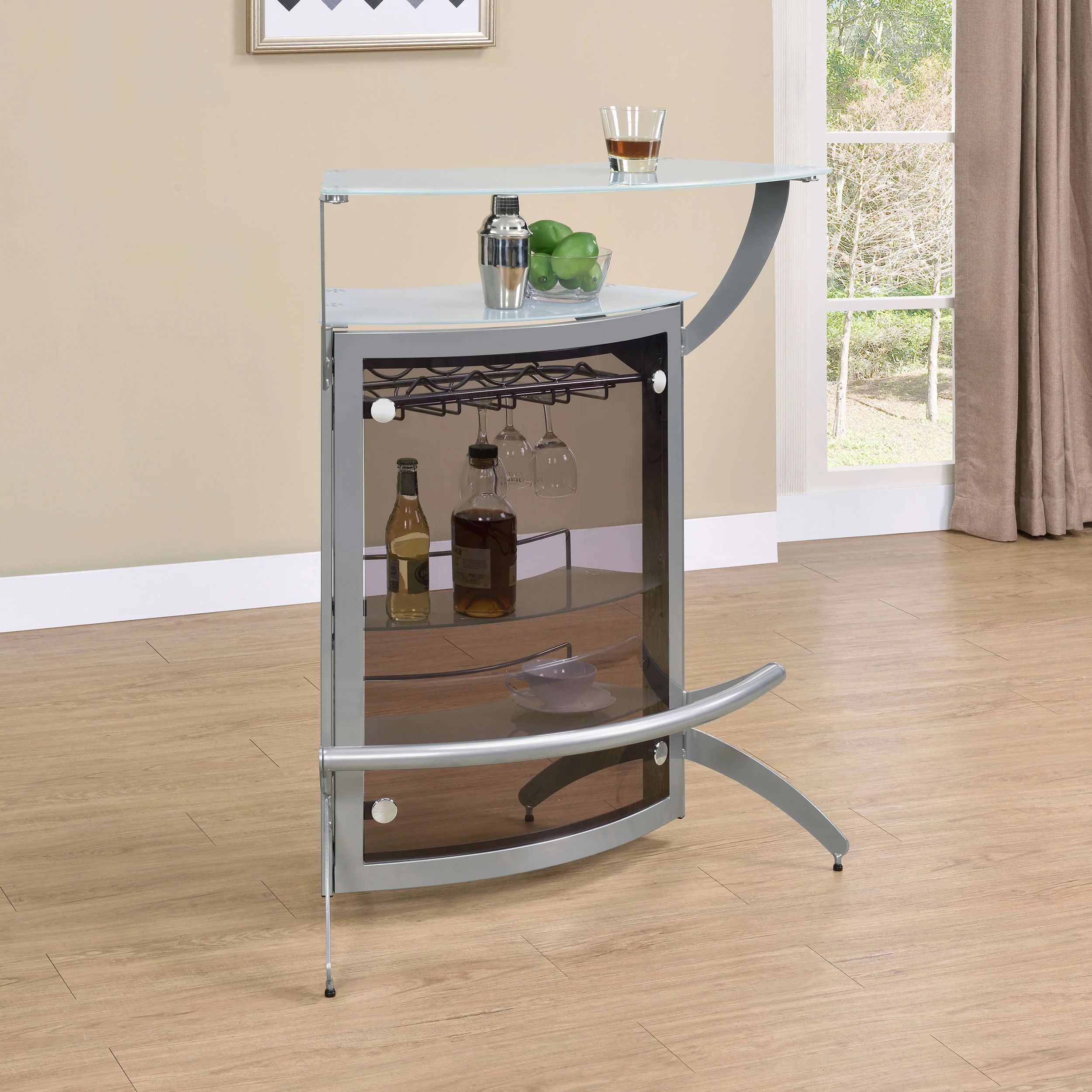 Dallas 2-Shelf Curved Bar Cabinet in Silver - Image 4
