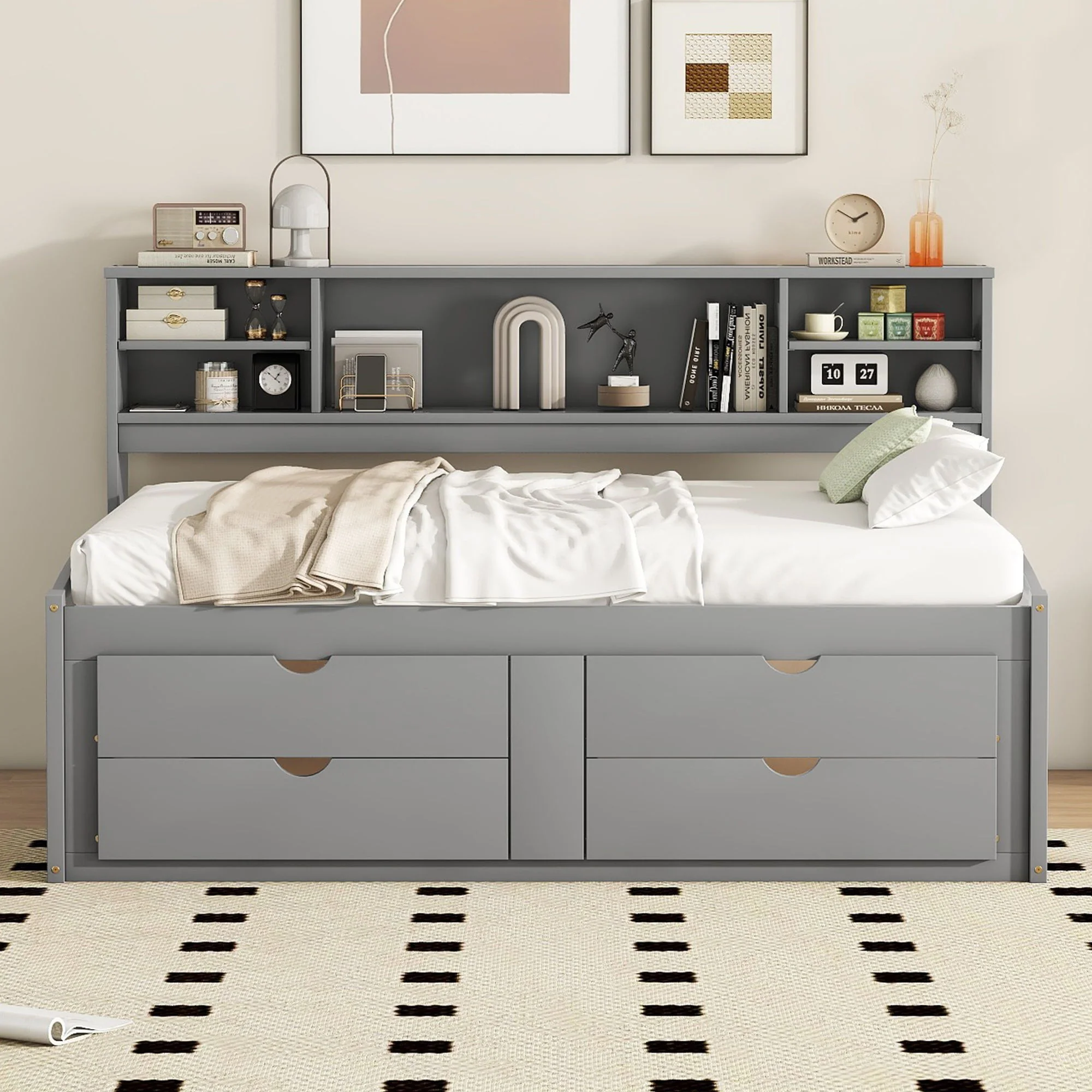 Daybed With 2 Bedside Cabinets, Upper Shelves And 4 Drawers - Image 15