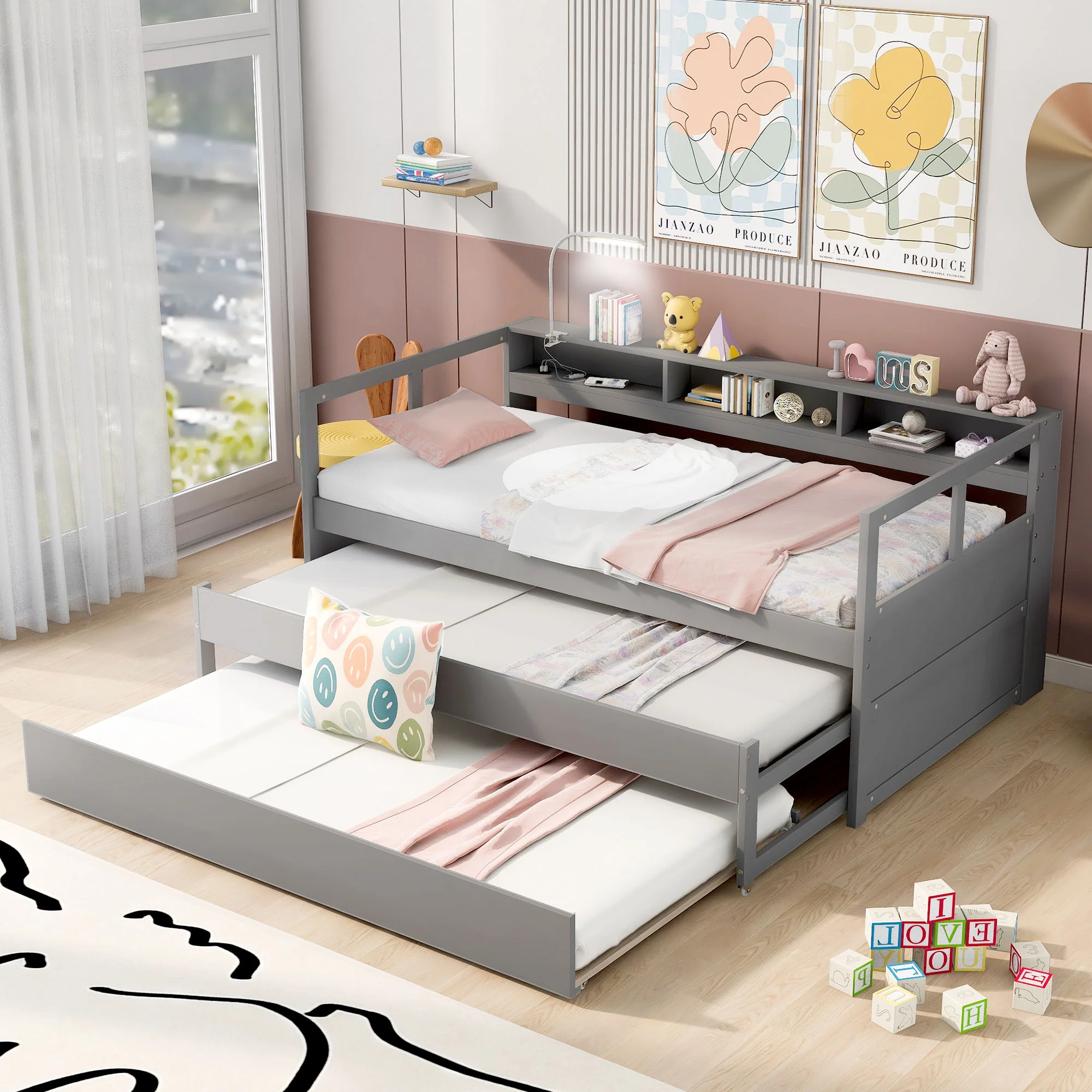 Daybed With 2 Trundles, 3 Storage Cubbies, Built In USB Charging Light - Image 11