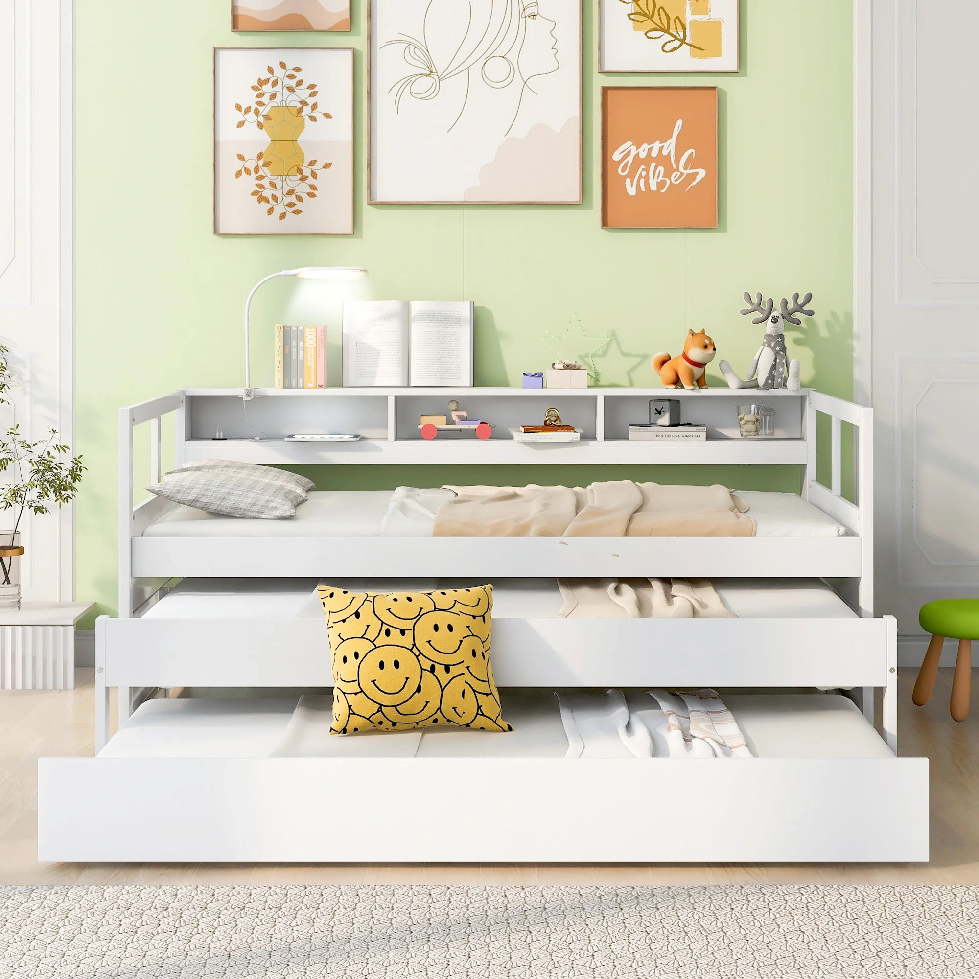 Daybed With 2 Trundles, 3 Storage Cubbies, Built In USB Charging Light - Image 13