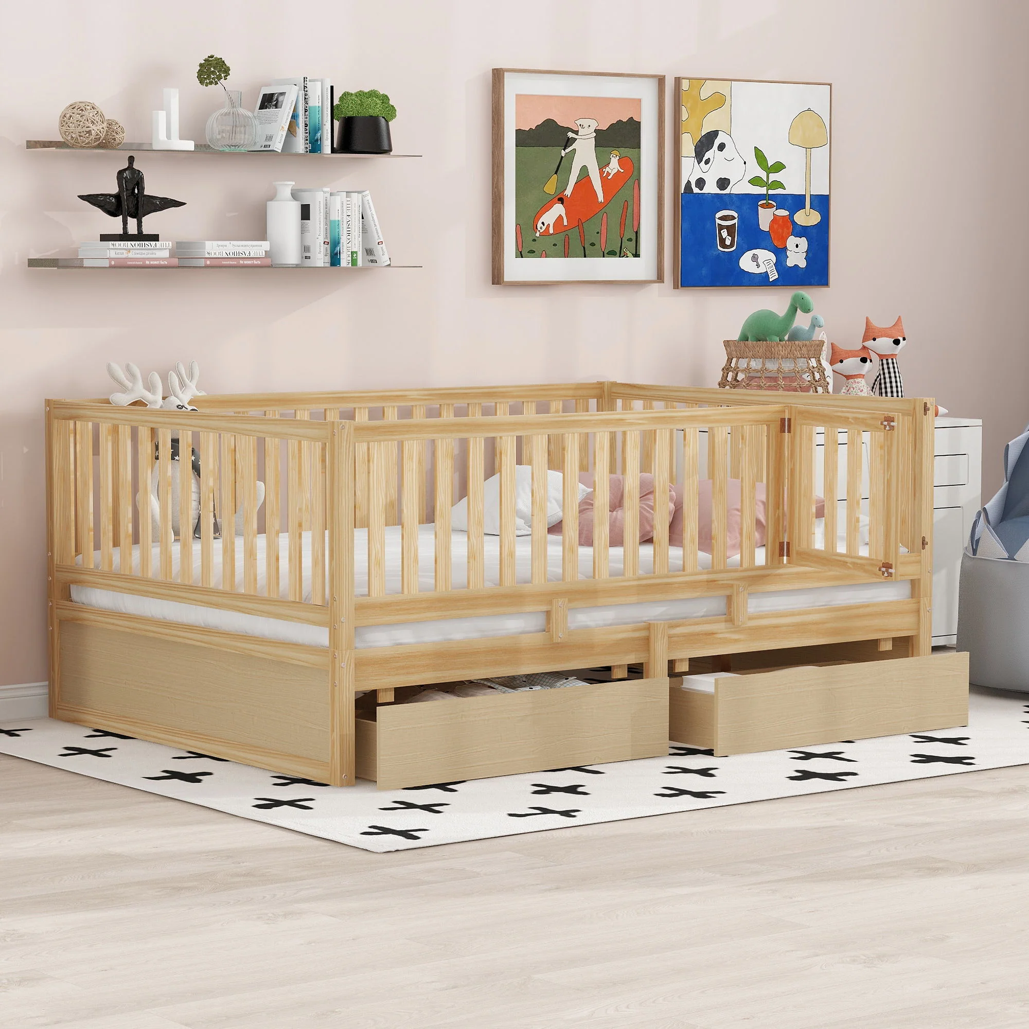 Daybed With Fence Guardrails And 2 Drawers, Split Into Independent Floor Bed & Daybed - Image 16