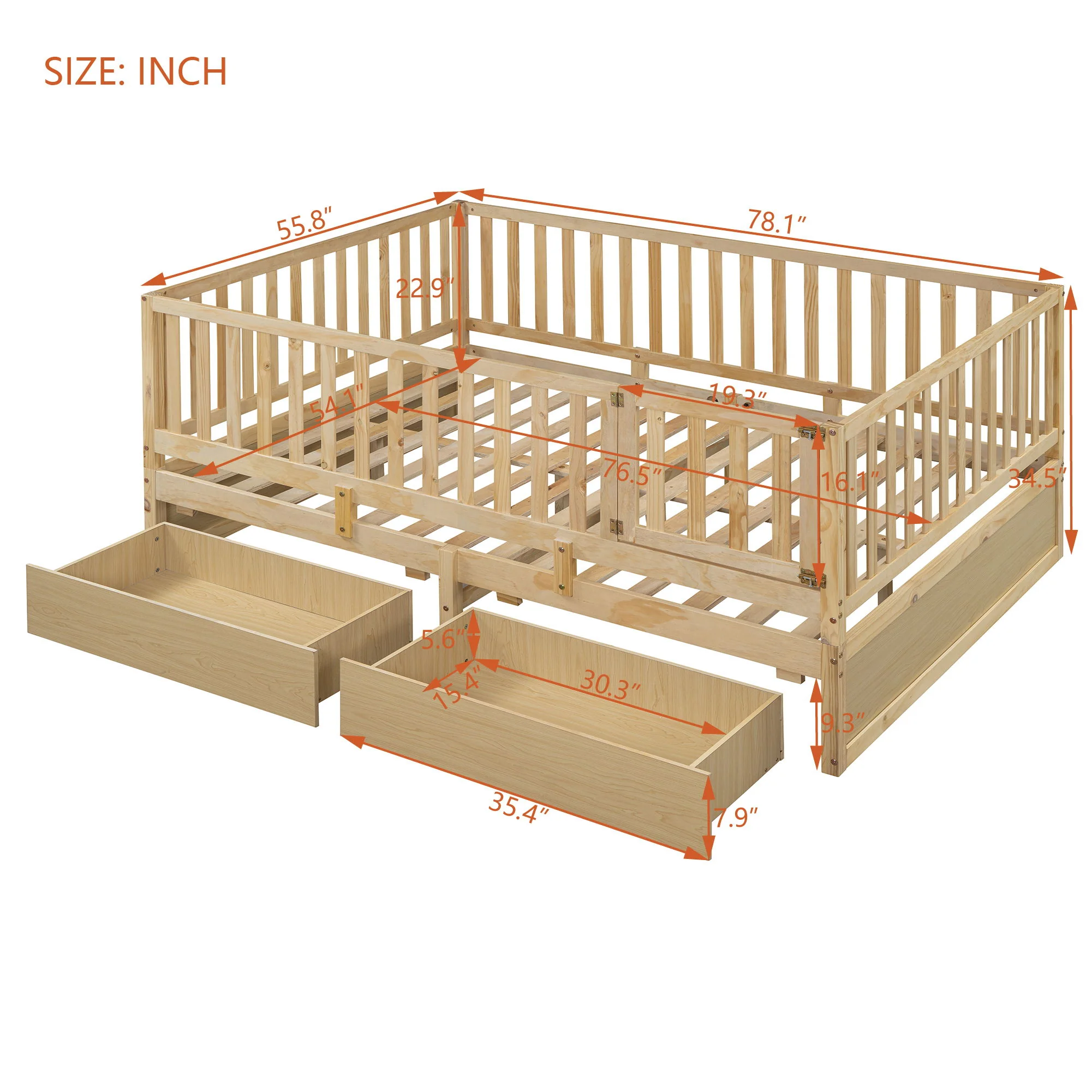 Daybed With Fence Guardrails And 2 Drawers, Split Into Independent Floor Bed & Daybed - Image 31