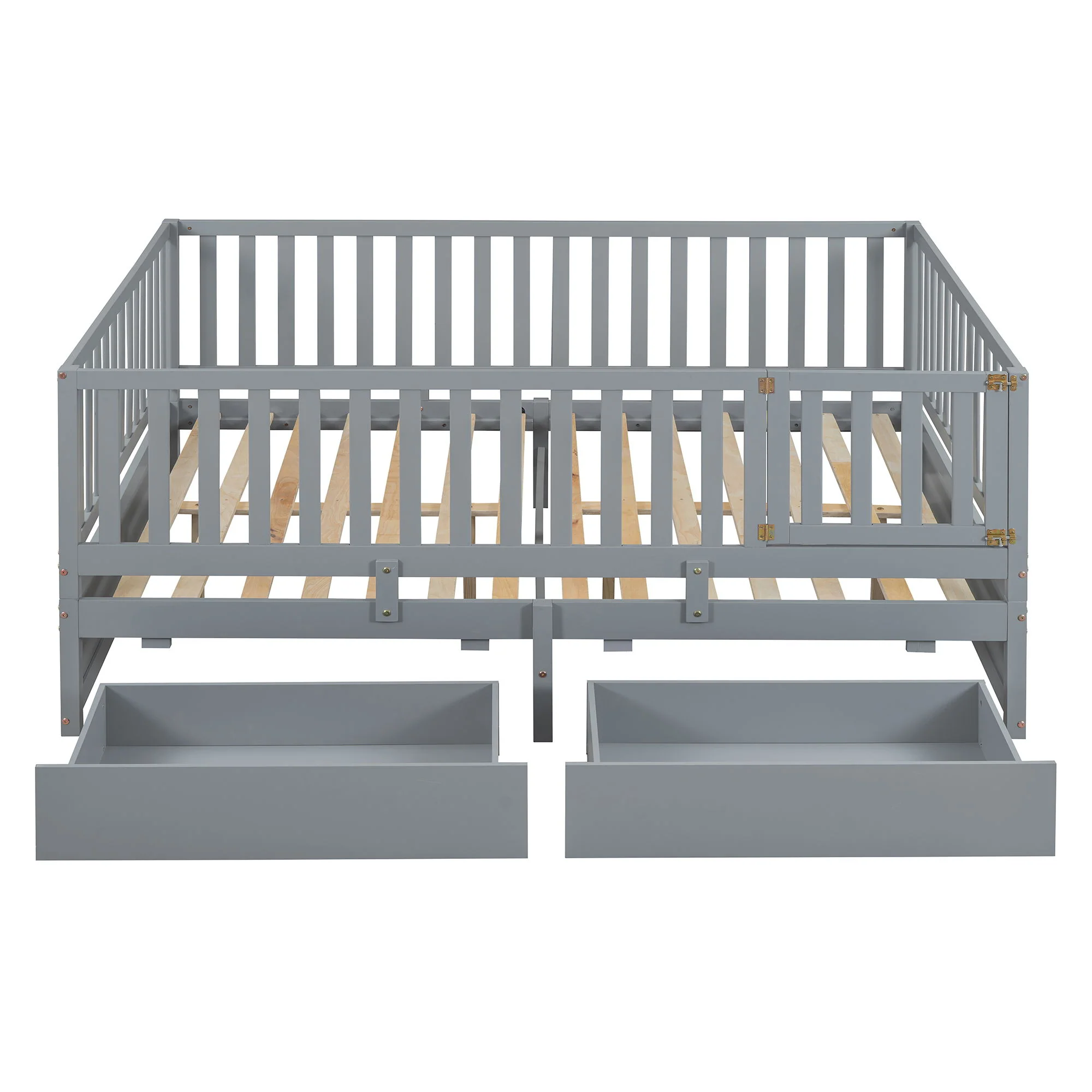 Daybed With Fence Guardrails And 2 Drawers, Split Into Independent Floor Bed & Daybed - Image 32