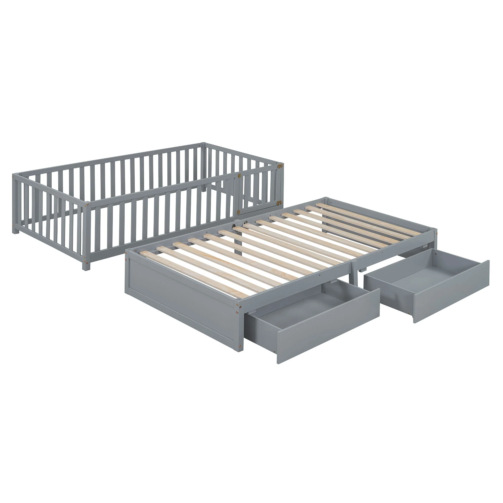 Daybed With Fence Guardrails And 2 Drawers, Split Into Independent Floor Bed & Daybed - Image 33