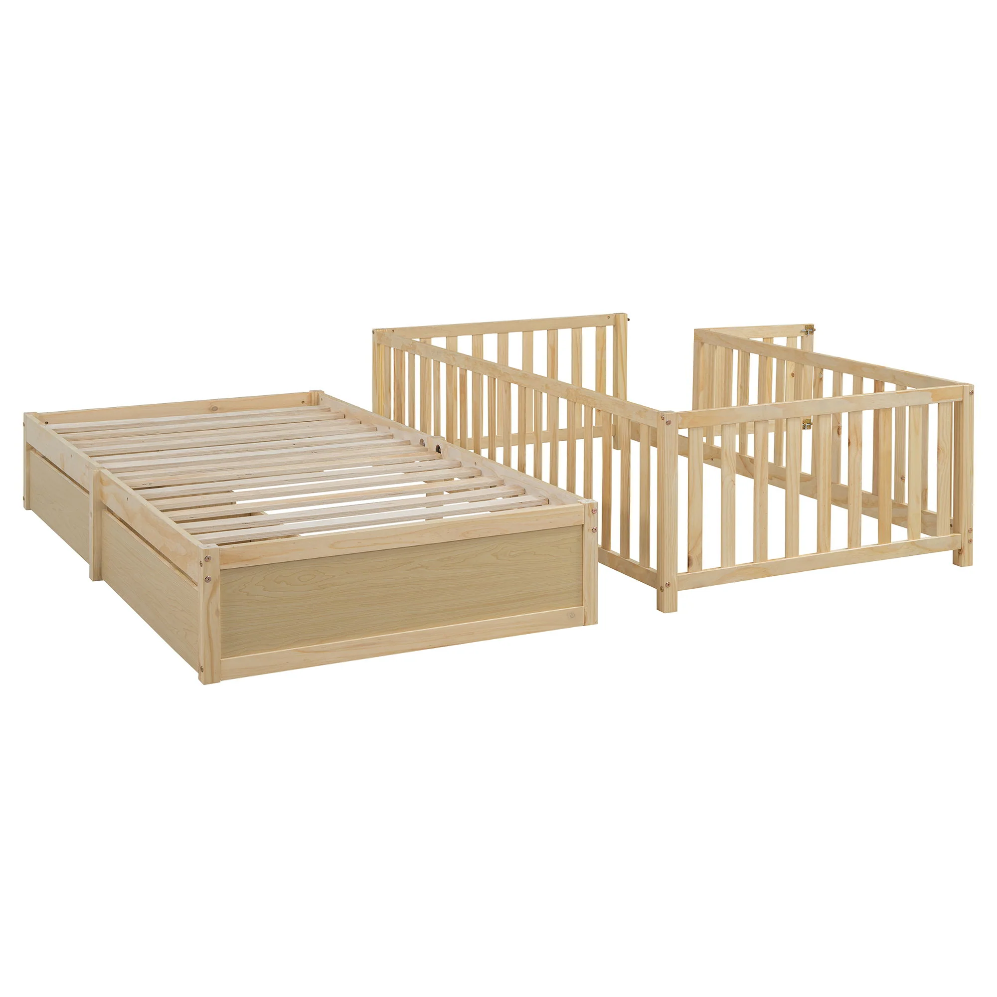 Daybed With Fence Guardrails And 2 Drawers, Split Into Independent Floor Bed & Daybed - Image 38