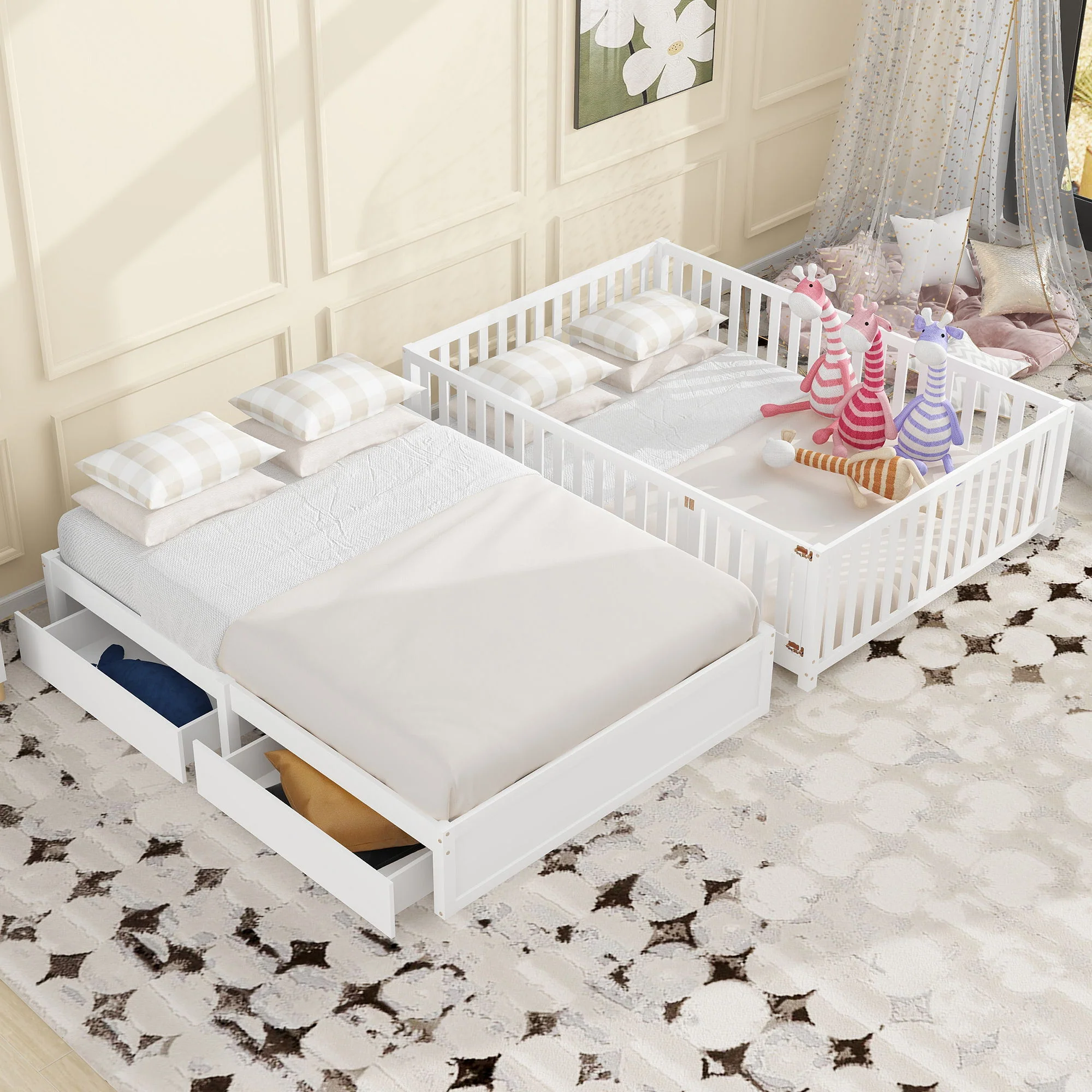 Daybed With Fence Guardrails And 2 Drawers, Split Into Independent Floor Bed & Daybed - Image 40