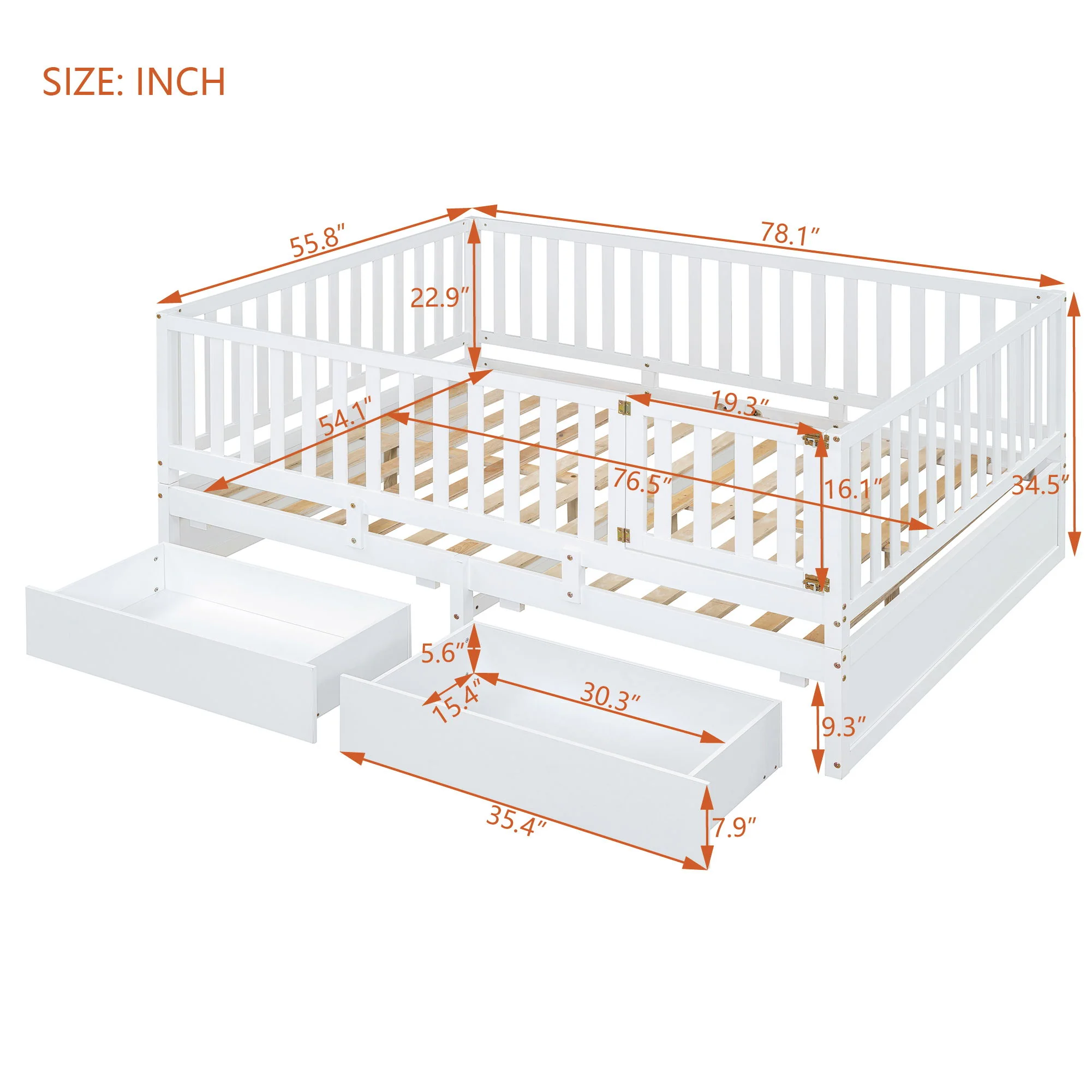 Daybed With Fence Guardrails And 2 Drawers, Split Into Independent Floor Bed & Daybed - Image 41