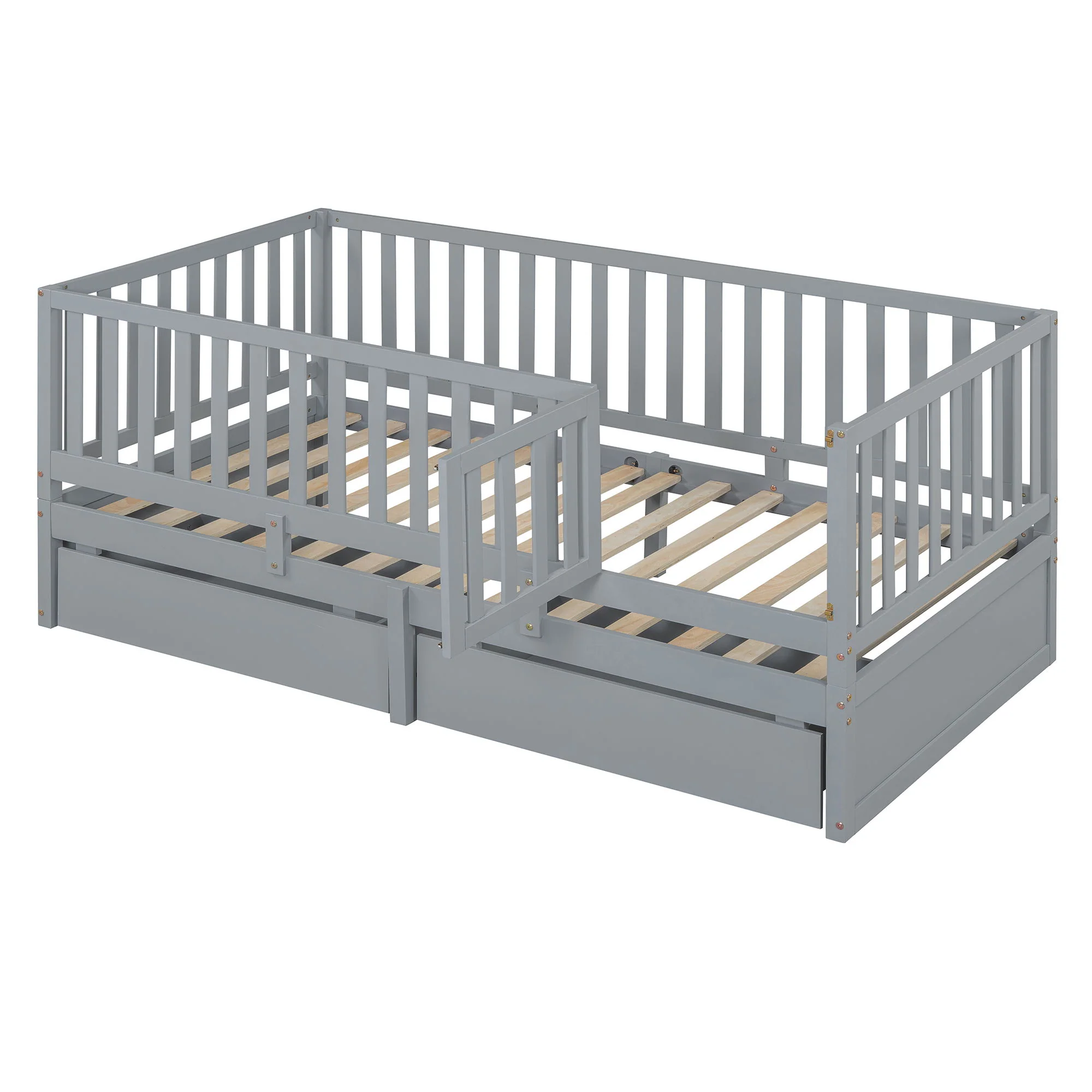 Daybed With Fence Guardrails And 2 Drawers, Split Into Independent Floor Bed & Daybed - Image 43