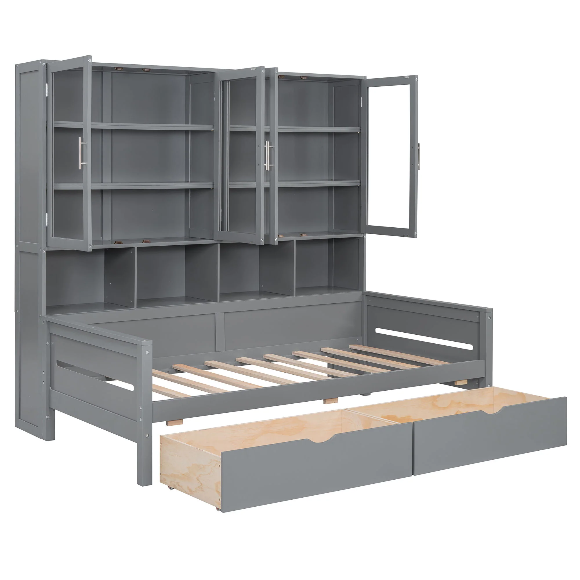 Daybed With Glass Door Storage Cabinets, Built In LED Lighting And Shelves - Image 2