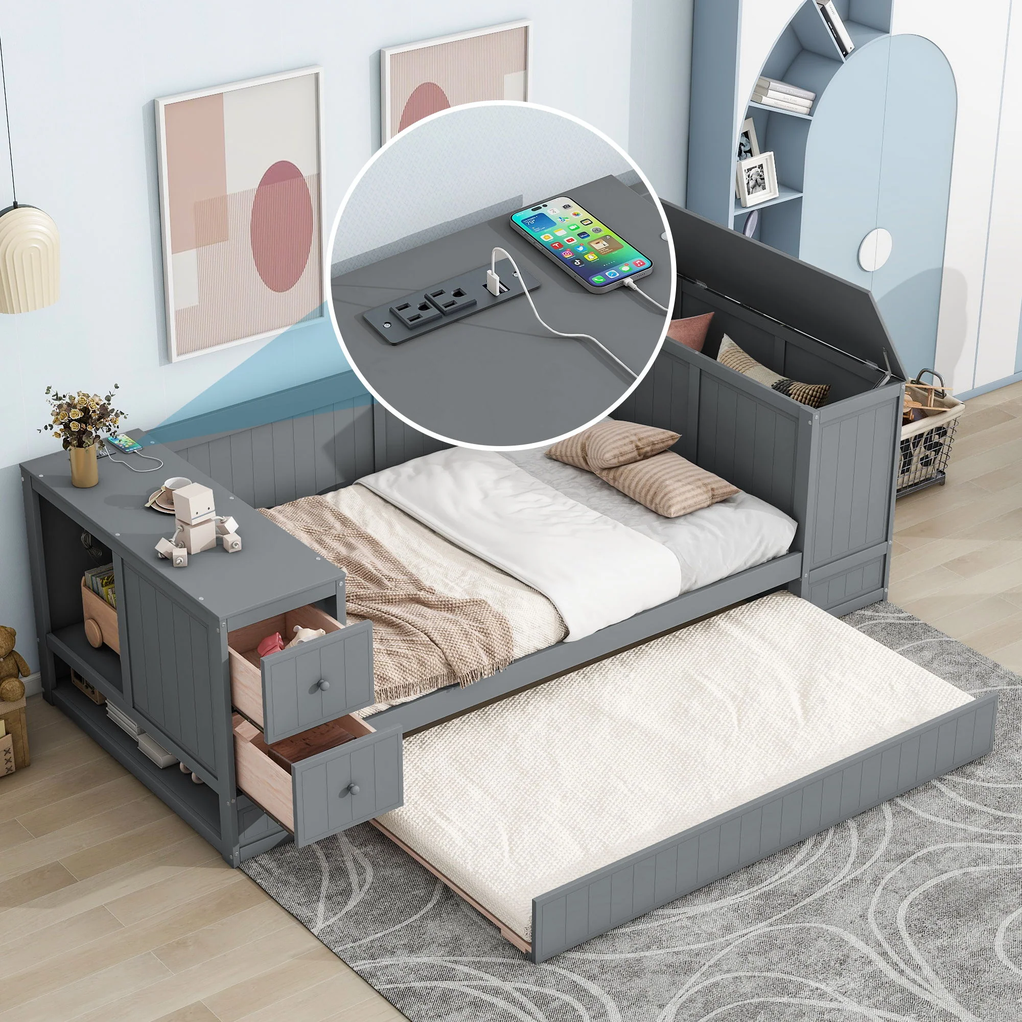 Daybed With Storage Arms, Trundle And Charging Station - Image 11