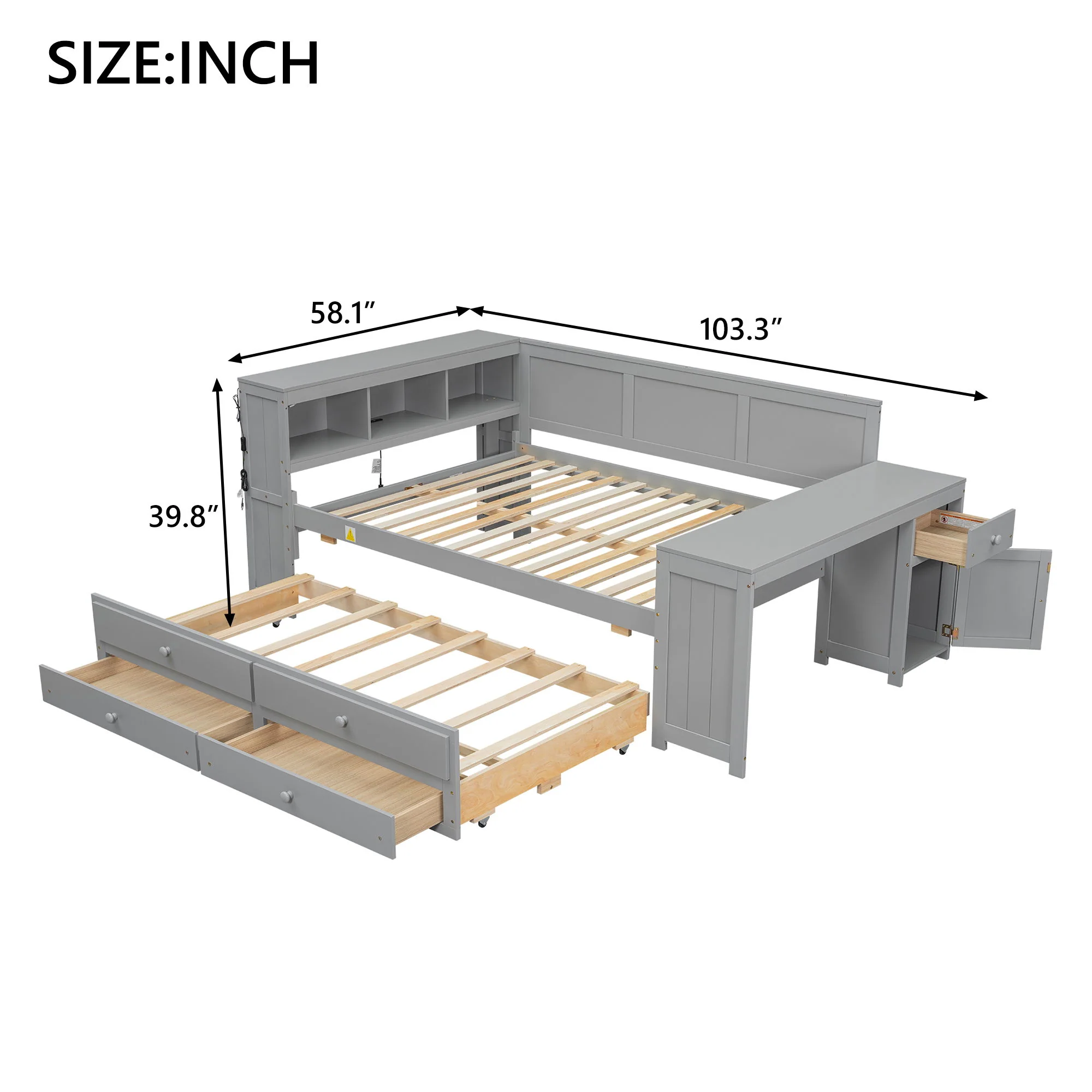 Daybed With Storage Shelves, Drawers, Trundle, Charging Station, LED Light, Desk And Cabinet - Image 14