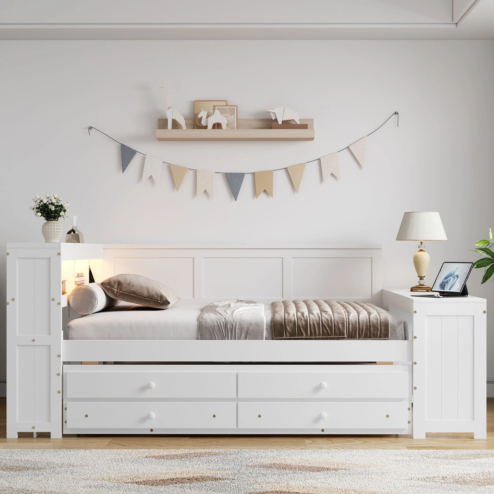 Daybed With Storage Shelves, Drawers, Trundle, Charging Station, LED Light, Desk And Cabinet - Image 4
