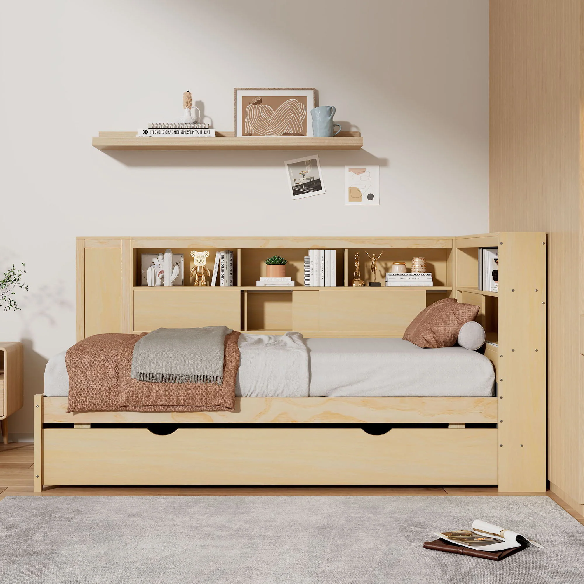 Daybed With Storage Shelves, USB Charging, And Trundle Bed - Image 3
