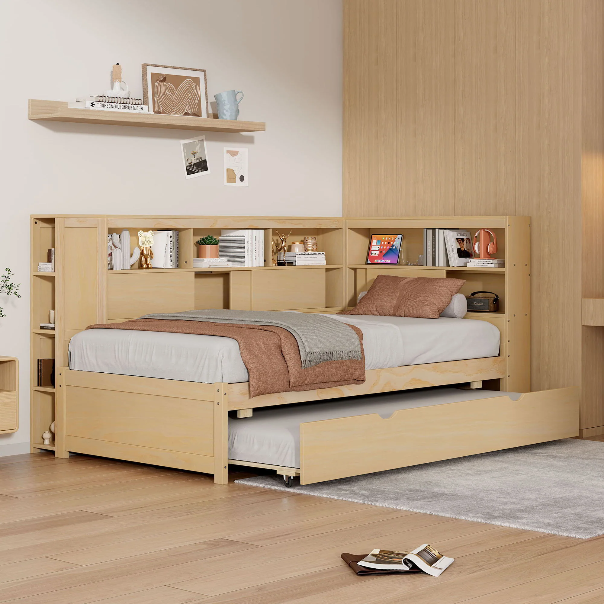 Daybed With Storage Shelves, USB Charging, And Trundle Bed - Image 8