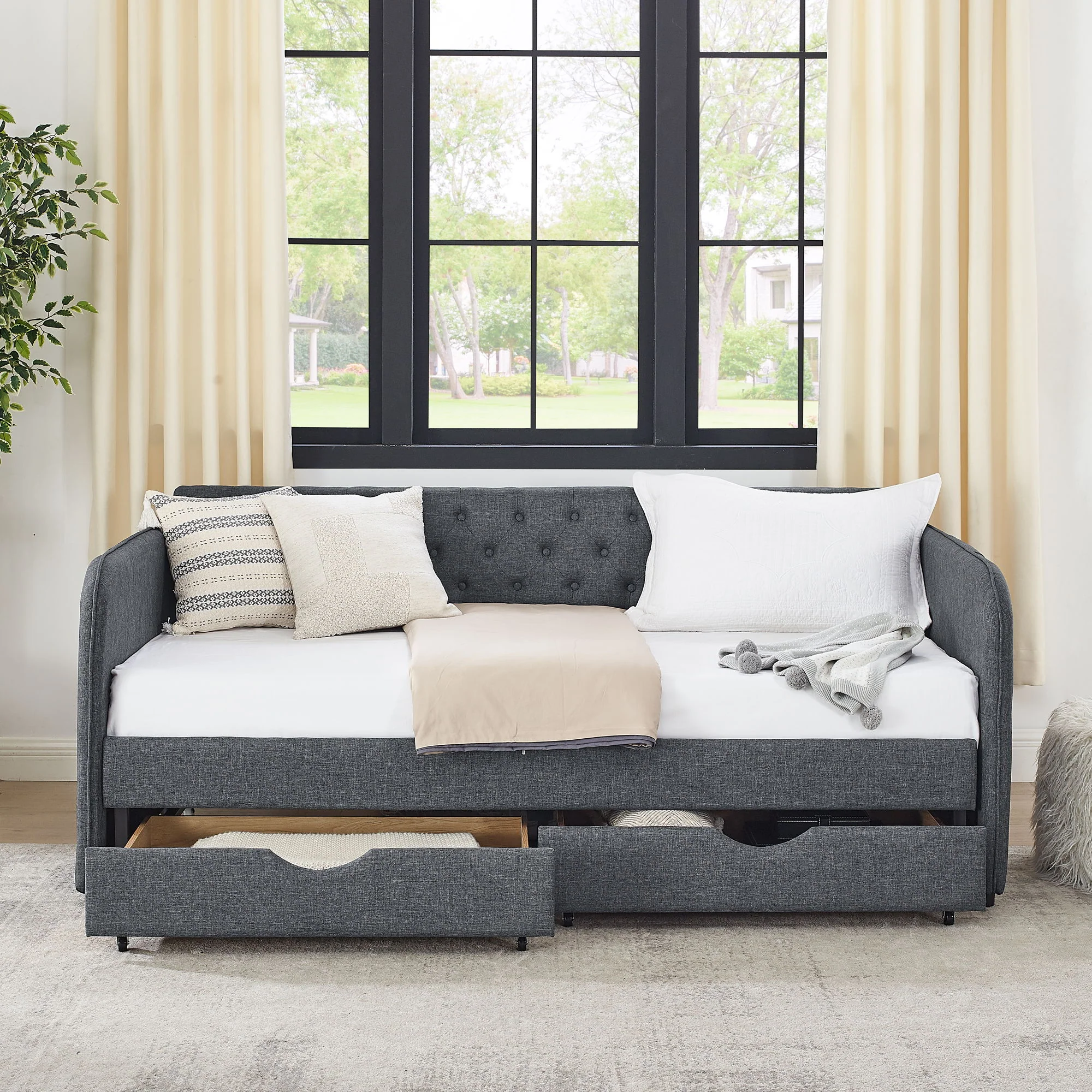 Daybed With Trundle And Storage Drawers, Flat Arms With Pocket - Image 11