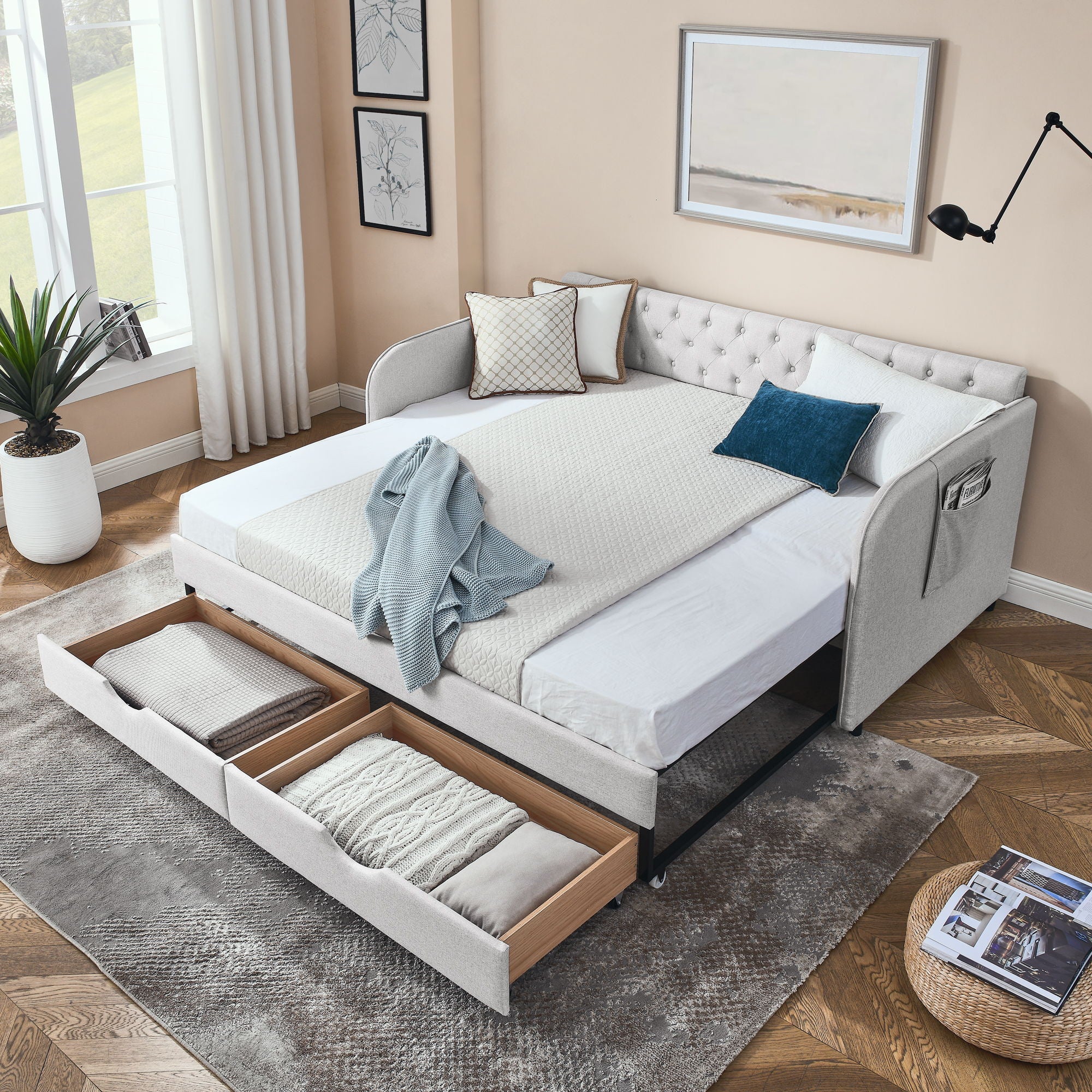 Daybed With Trundle And Storage Drawers, Flat Arms With Pocket - Image 12