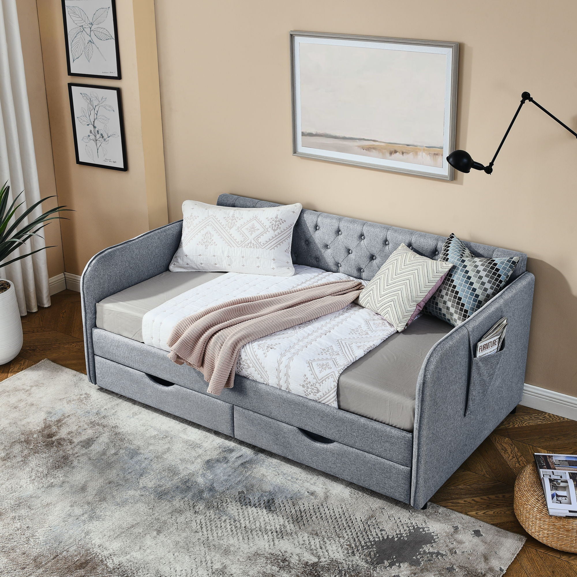 Daybed With Trundle And Storage Drawers, Flat Arms With Pocket - Image 14