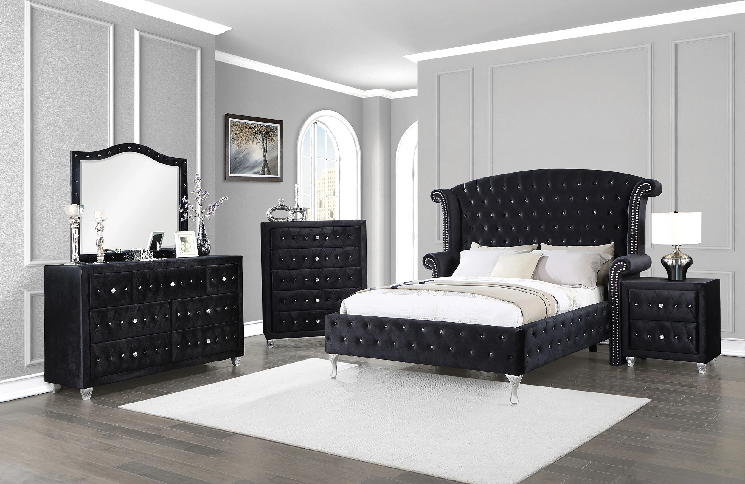 Deanna Upholstered Queen Wingback Bed, Black - Image 6