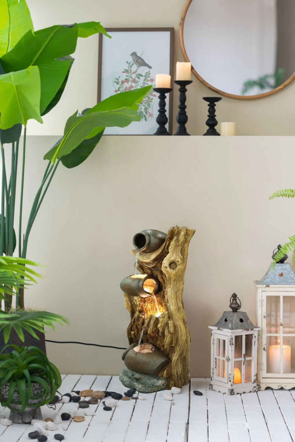Decorative 3 Tier Tree Trunk Fountain With Lights And Pump - Brown - Image 6