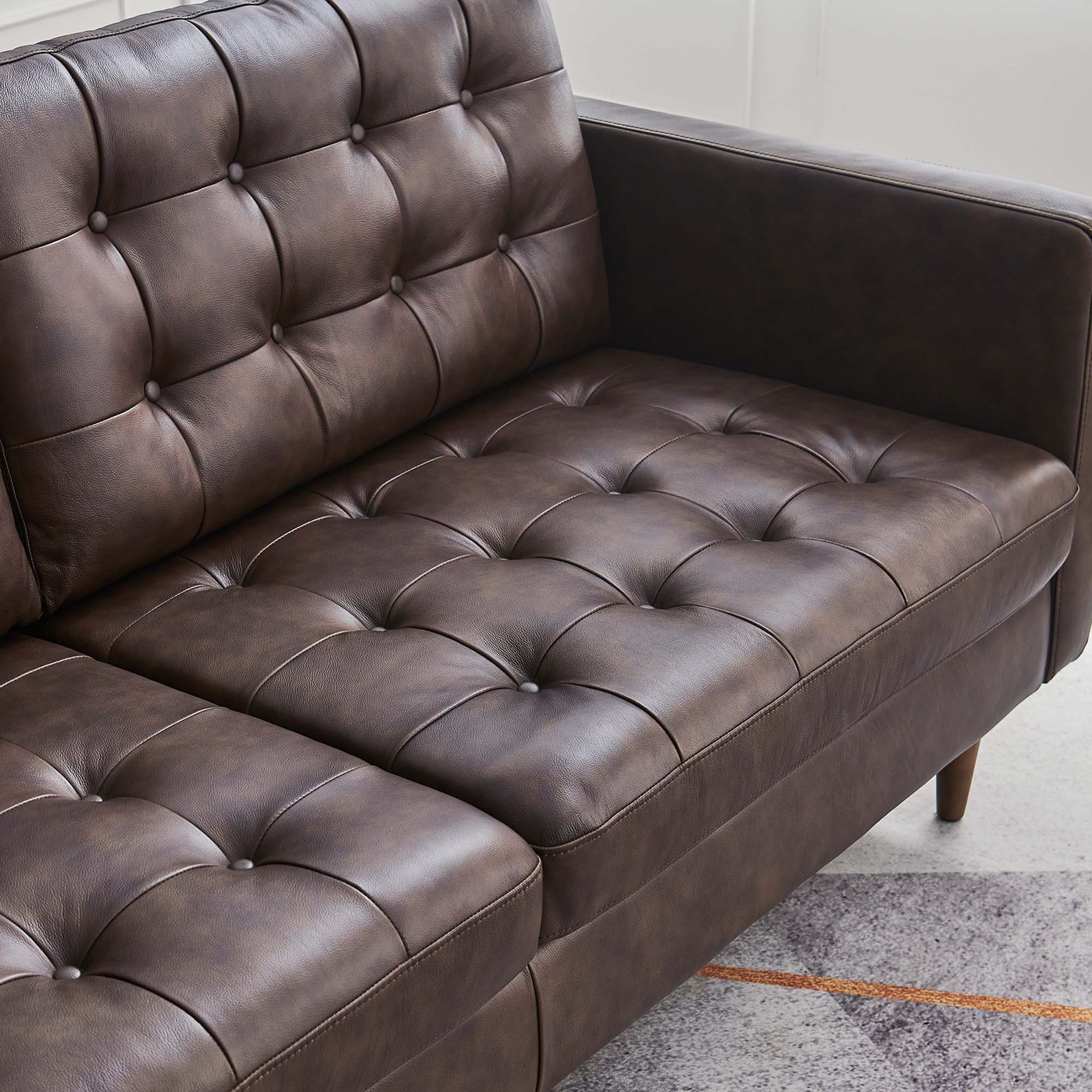 Deep Button-Tufted Leather Sofa with Mid-Century Silhouette in Brown - Image 3
