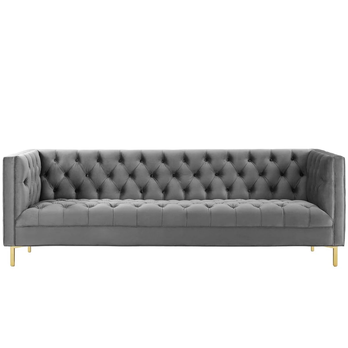 Deep Button-Tufted Performance Velvet Sofa with Gold Legs in Gray - Image 4