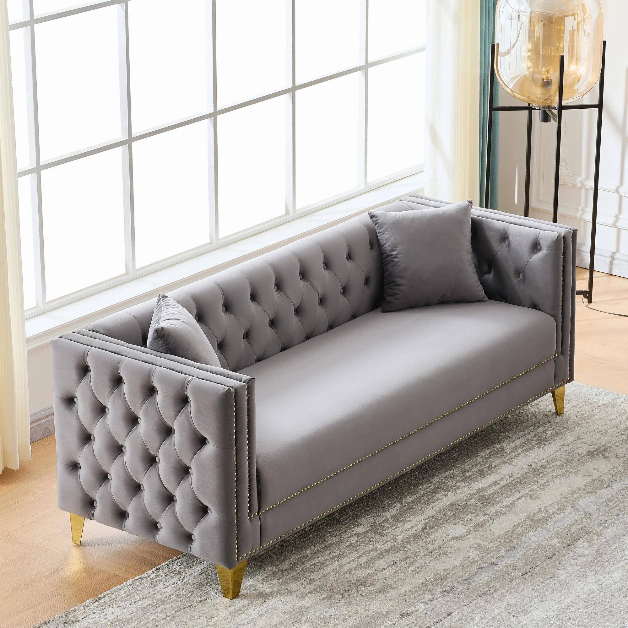 Deep Seat Sofa With Button Nailhead, Square Arm Couches - Image 5