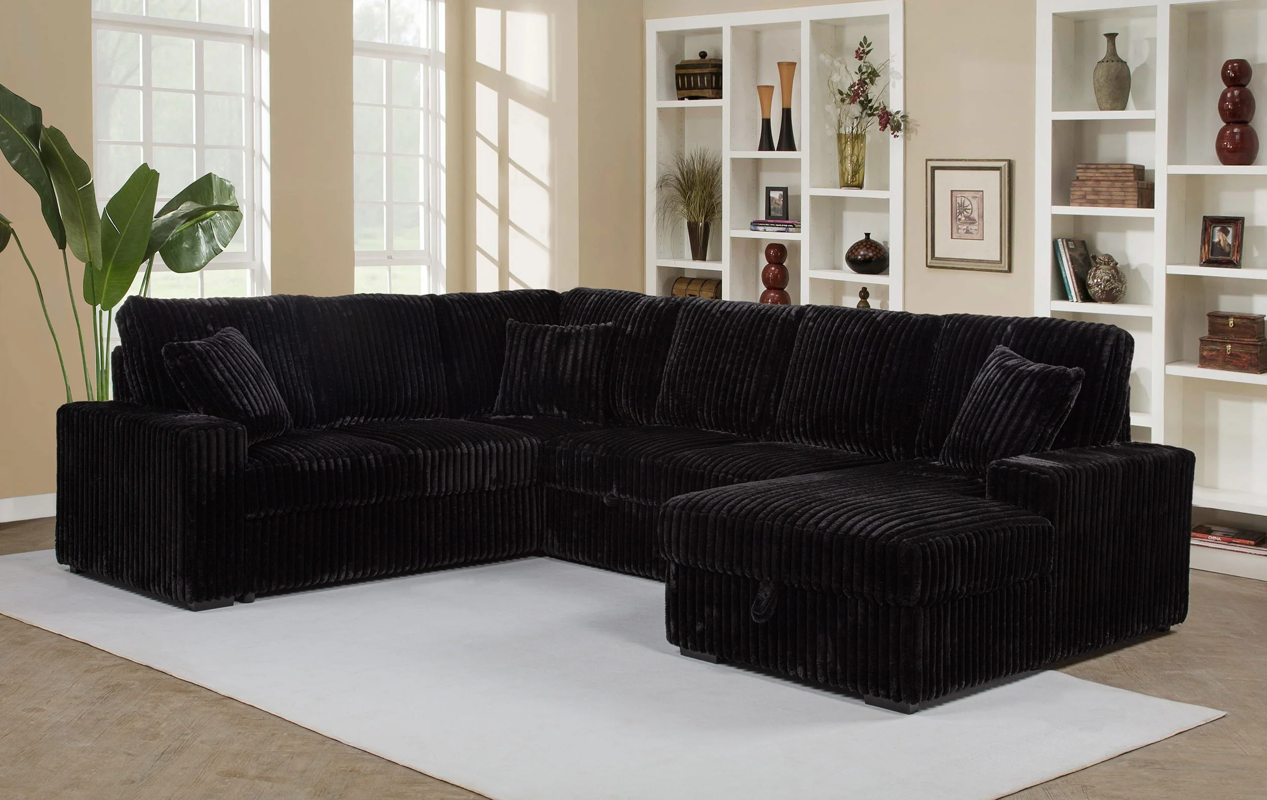Devonshire Black Corduroy Sleeper Sectional with Storage Chaise - Image 3