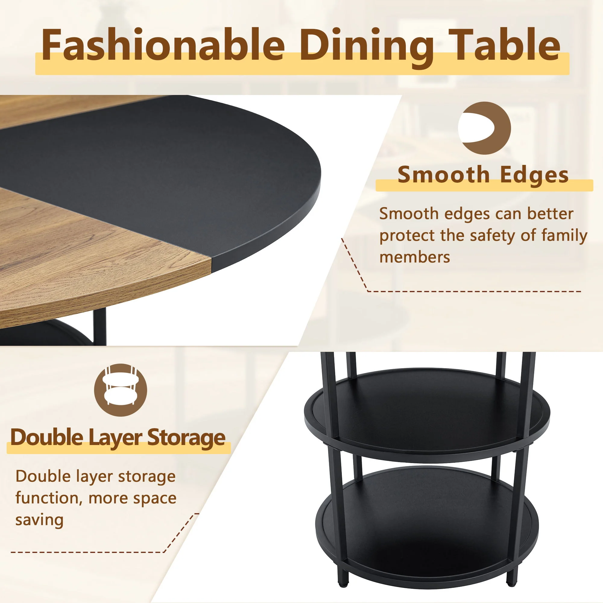 Diameter - Modern Splicing Circular Dining Table Double Layer Storage - Wood / Black - Image 3