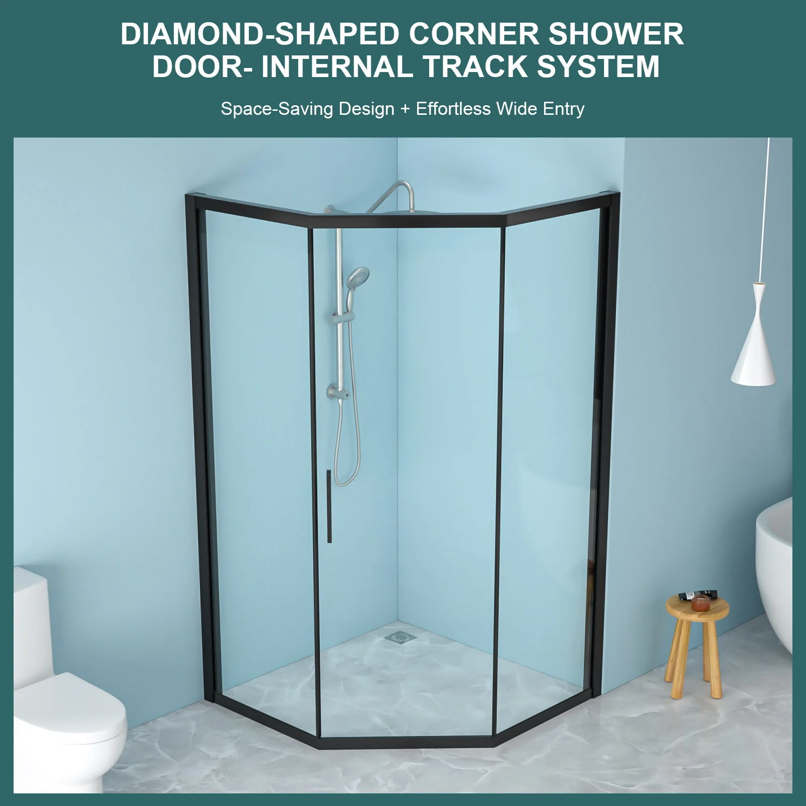 Diamond Shaped Corner Shower Door, Inward Sliding, Stainless Steel Frame - Image 14